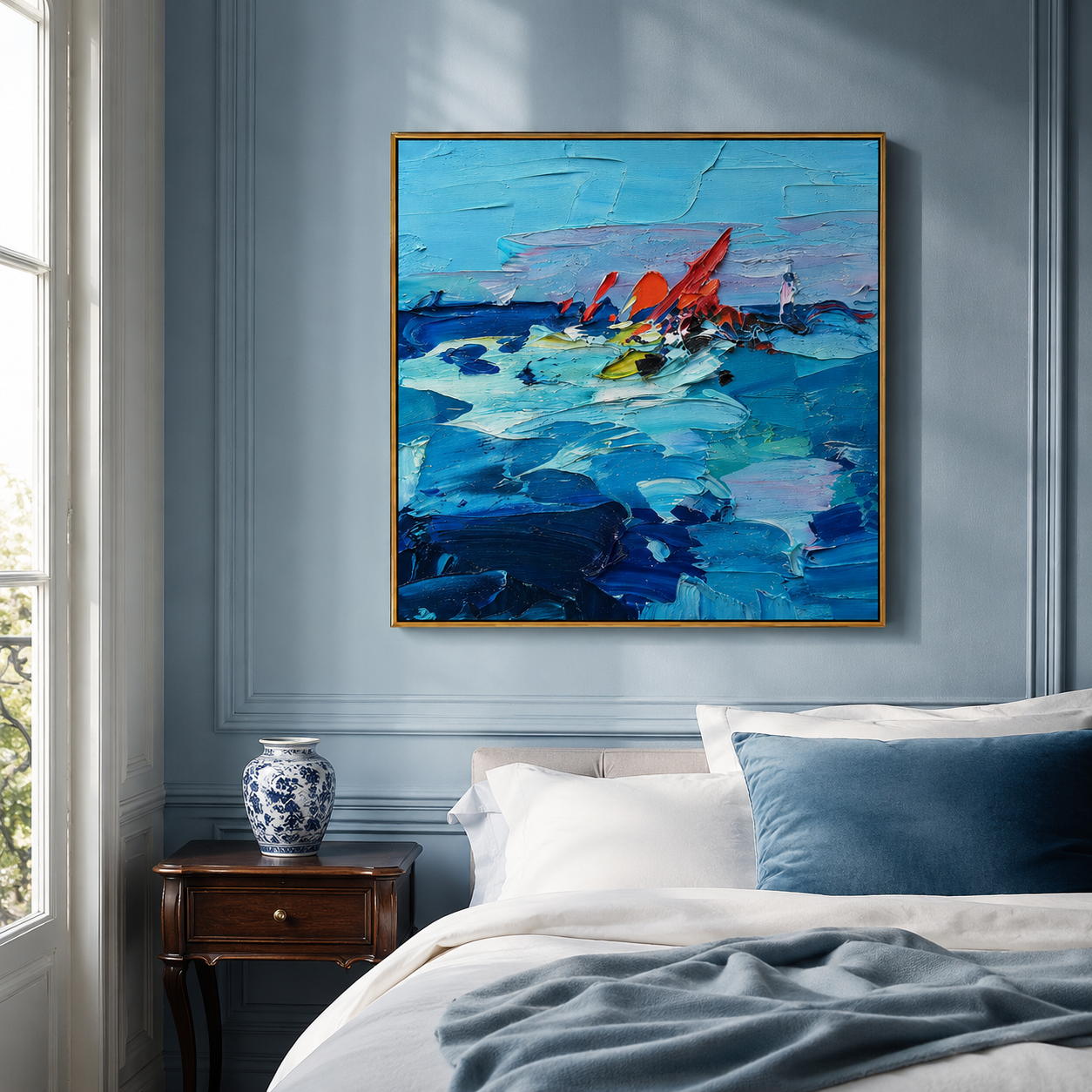 "Blue Current" - Colorful Impasto Ocean Painting | Blue Red & Yellow Seascape Wall Art