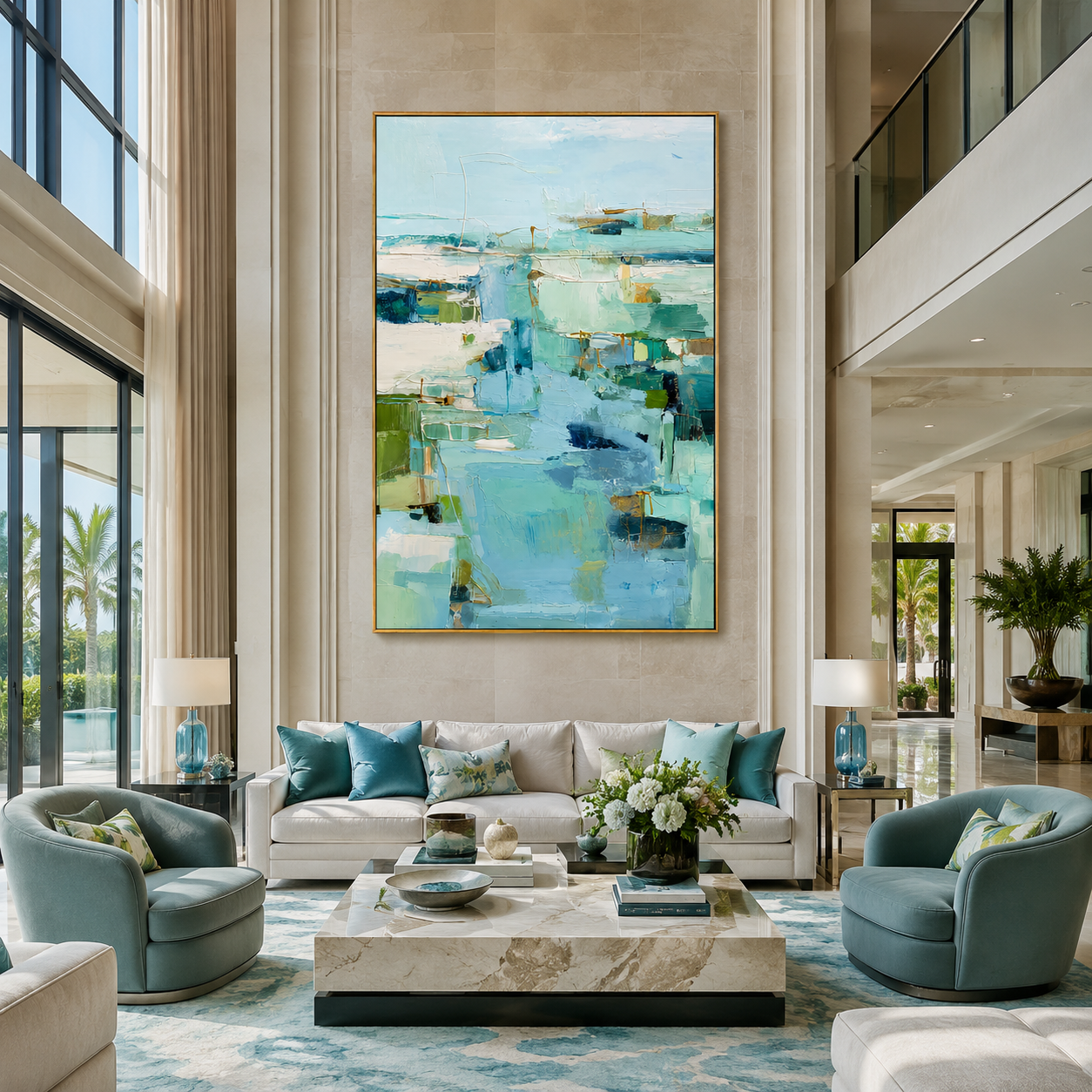 "Aqua Passage" - Soft Abstract Seascape Painting | Blue Green Vertical Contemporary Wall Art