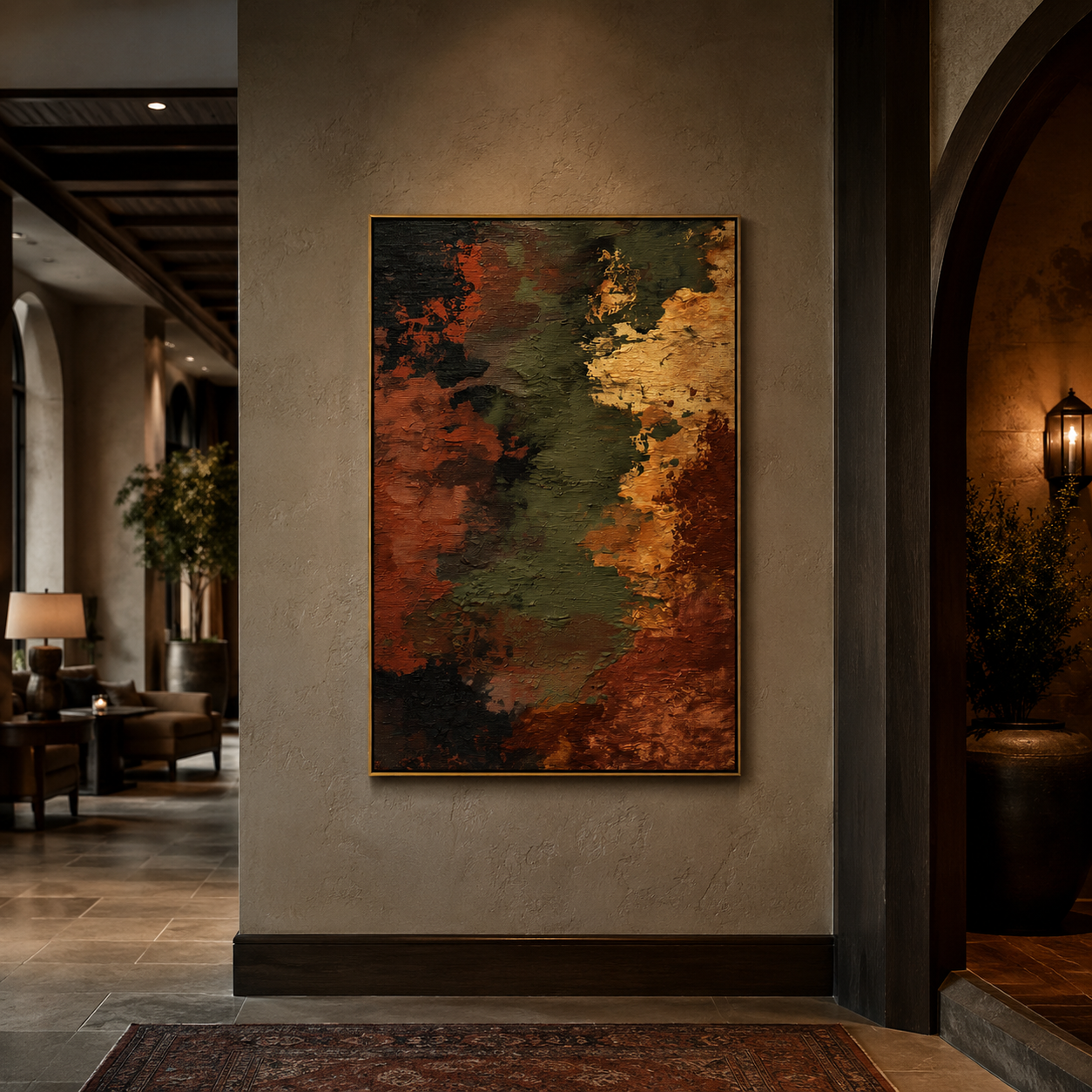 "Ember Fault" - Earth Tone Abstract Texture Painting | Rust Green & Gold Vertical Wall Art