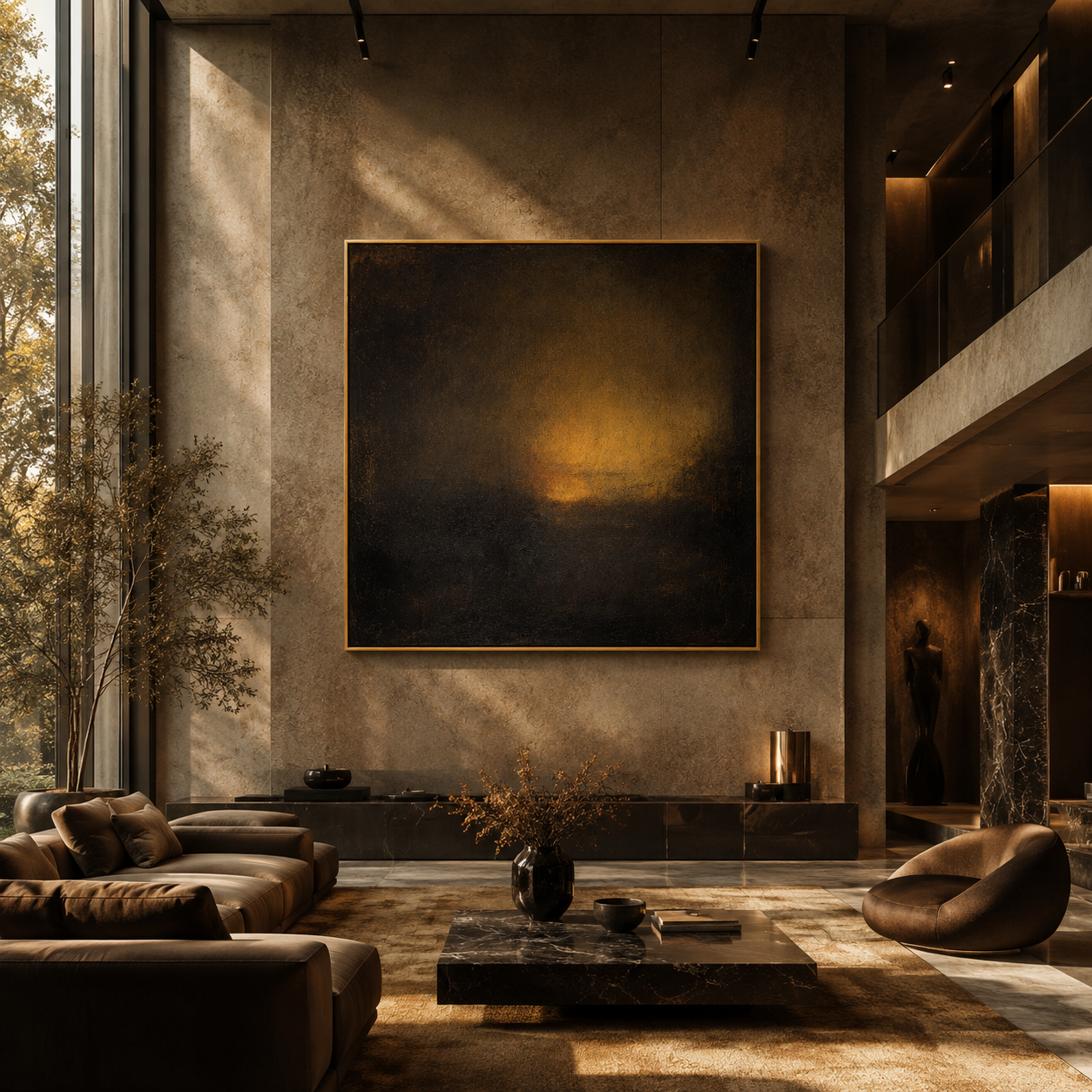 "Amber Nocturne" - Dark Abstract Glow Painting | Black Brown & Gold Square Wall Art