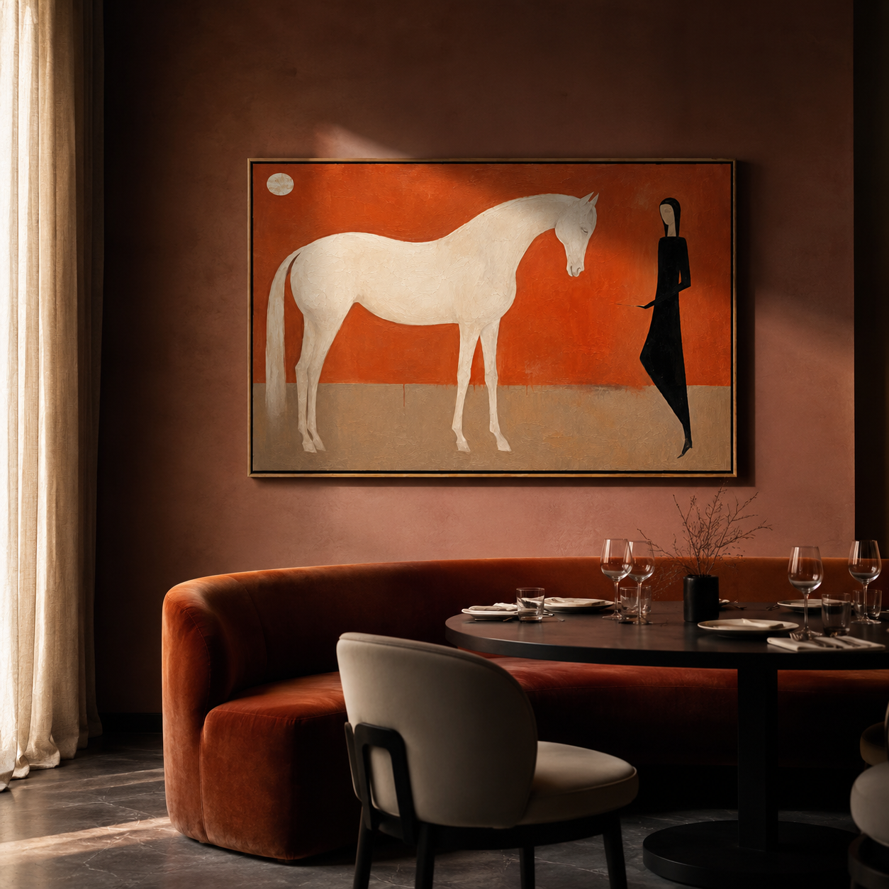 "Moonlit Keeper" - White Horse & Figure Painting | Terracotta Minimalist Figurative Wall Art