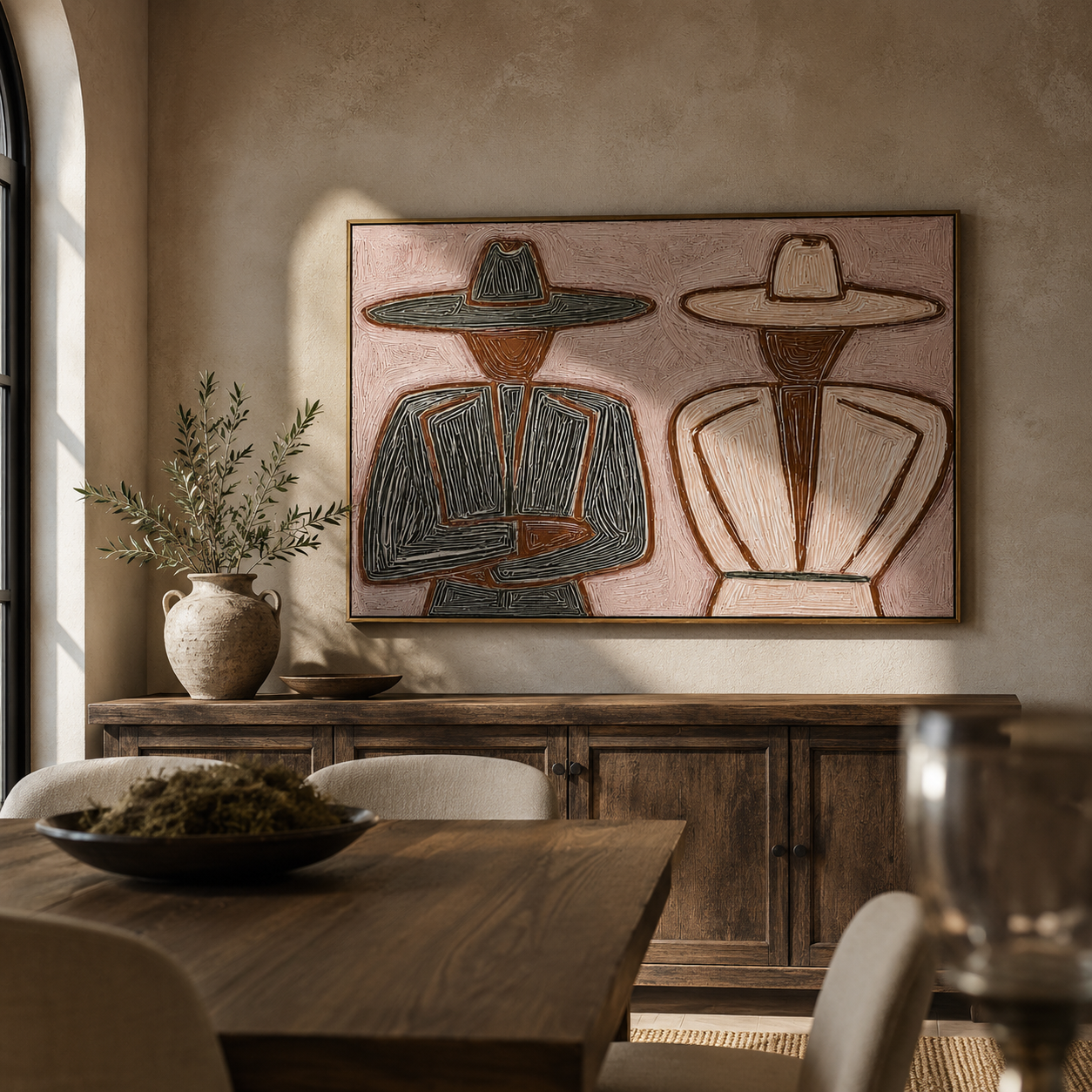 "Two Hats" - Textured Minimalist Figurative Painting | Black Brown & Blush Horizontal Wall Art
