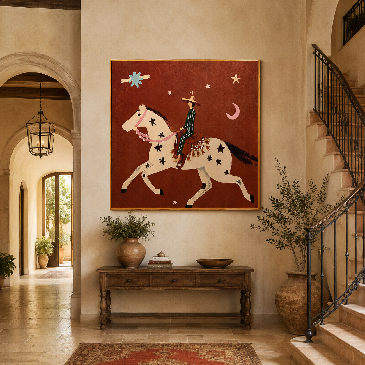 "Moonlit Rider" - Whimsical Horse & Cowboy Painting | Rust Red Western Animal Wall Art