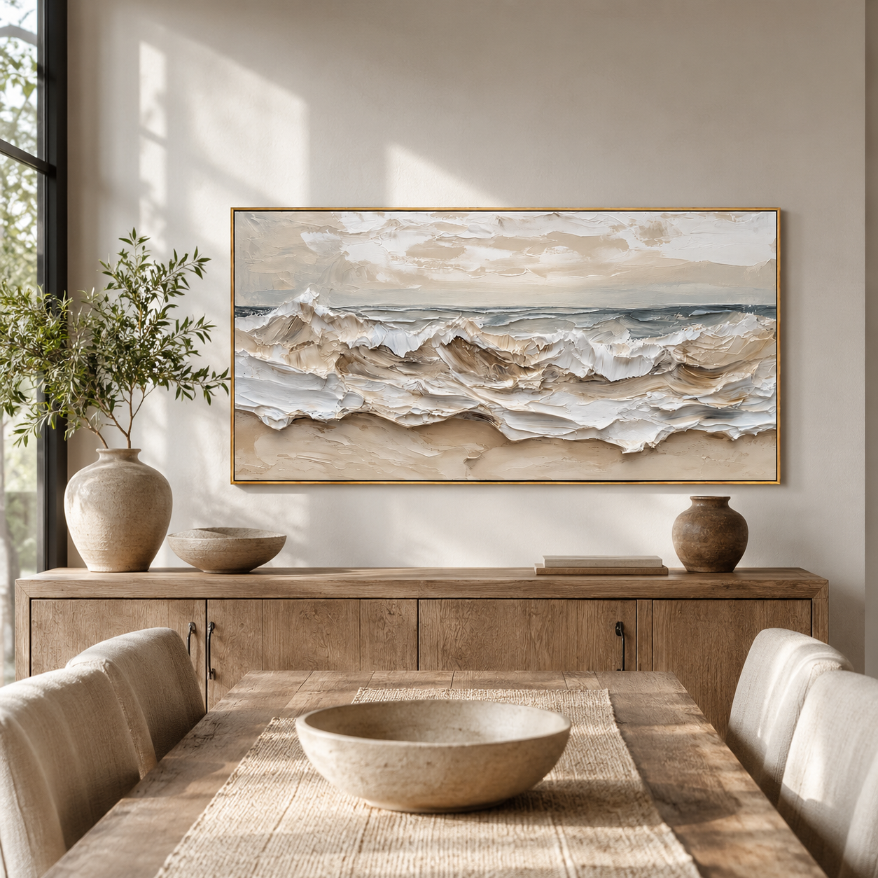 "Tide Relief" - 3D Wabi-Sabi Ocean Wave Plaster Art | Beige White & Blue Textured Seascape