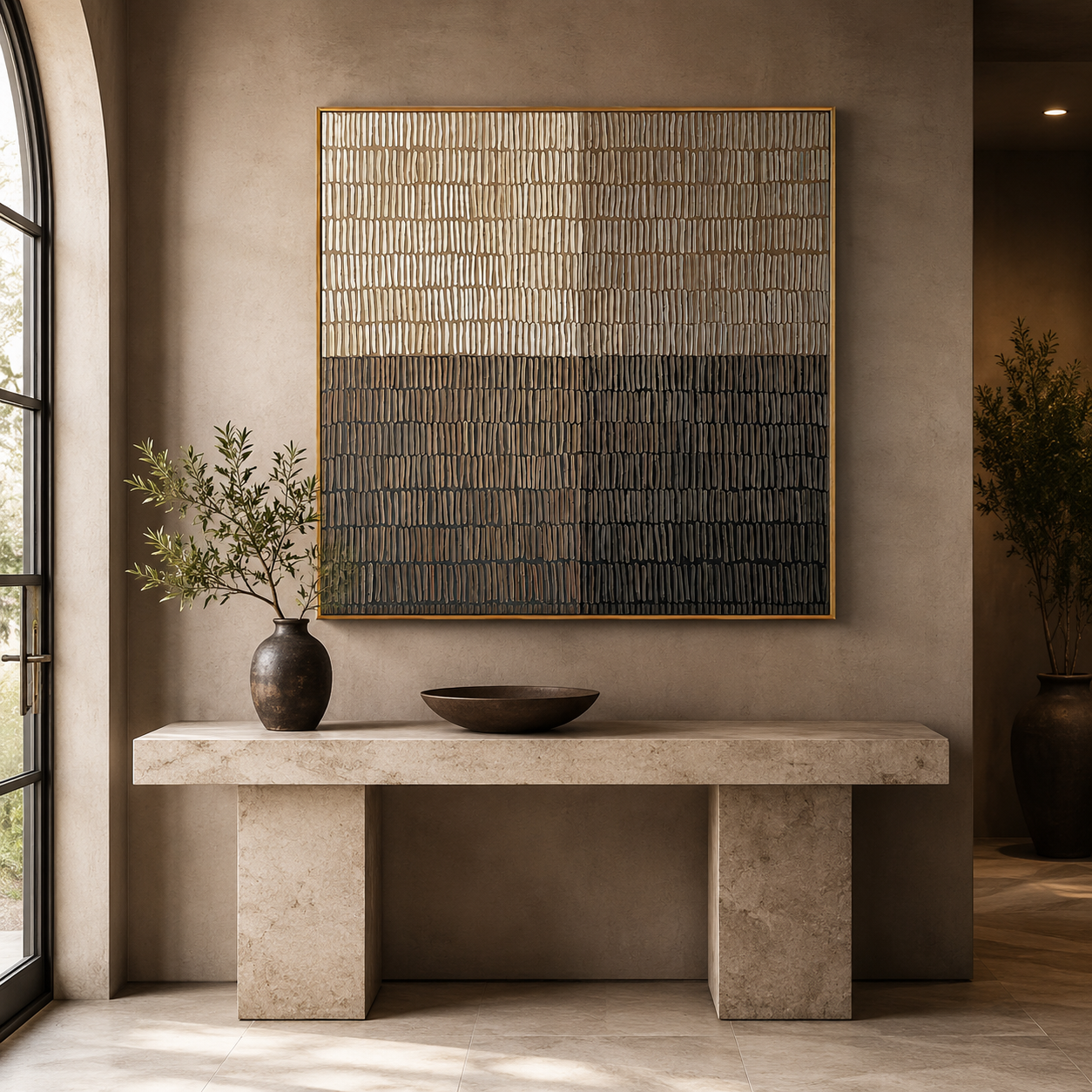 "Measured Silence" - 3D Minimalist Plaster Grid Relief | Beige Grey & Black Square Textured Art