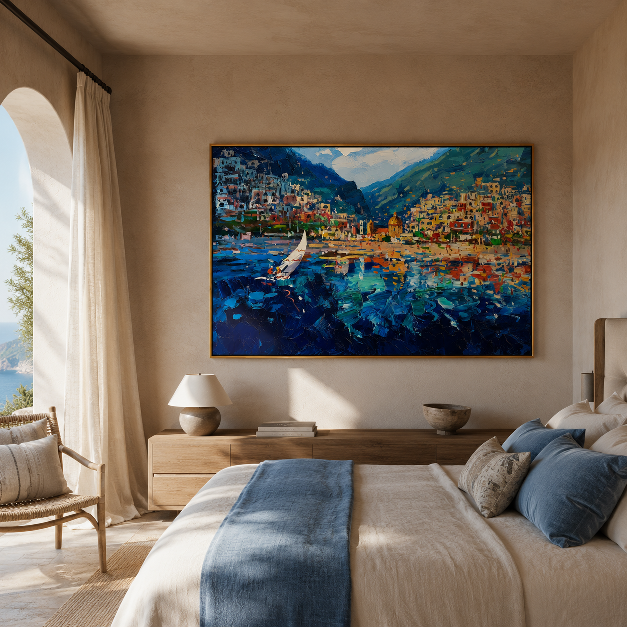 "Harbor Mosaic" - Colorful Impasto Coastal Village Painting | Blue Green & Orange Mediterranean Wall Art