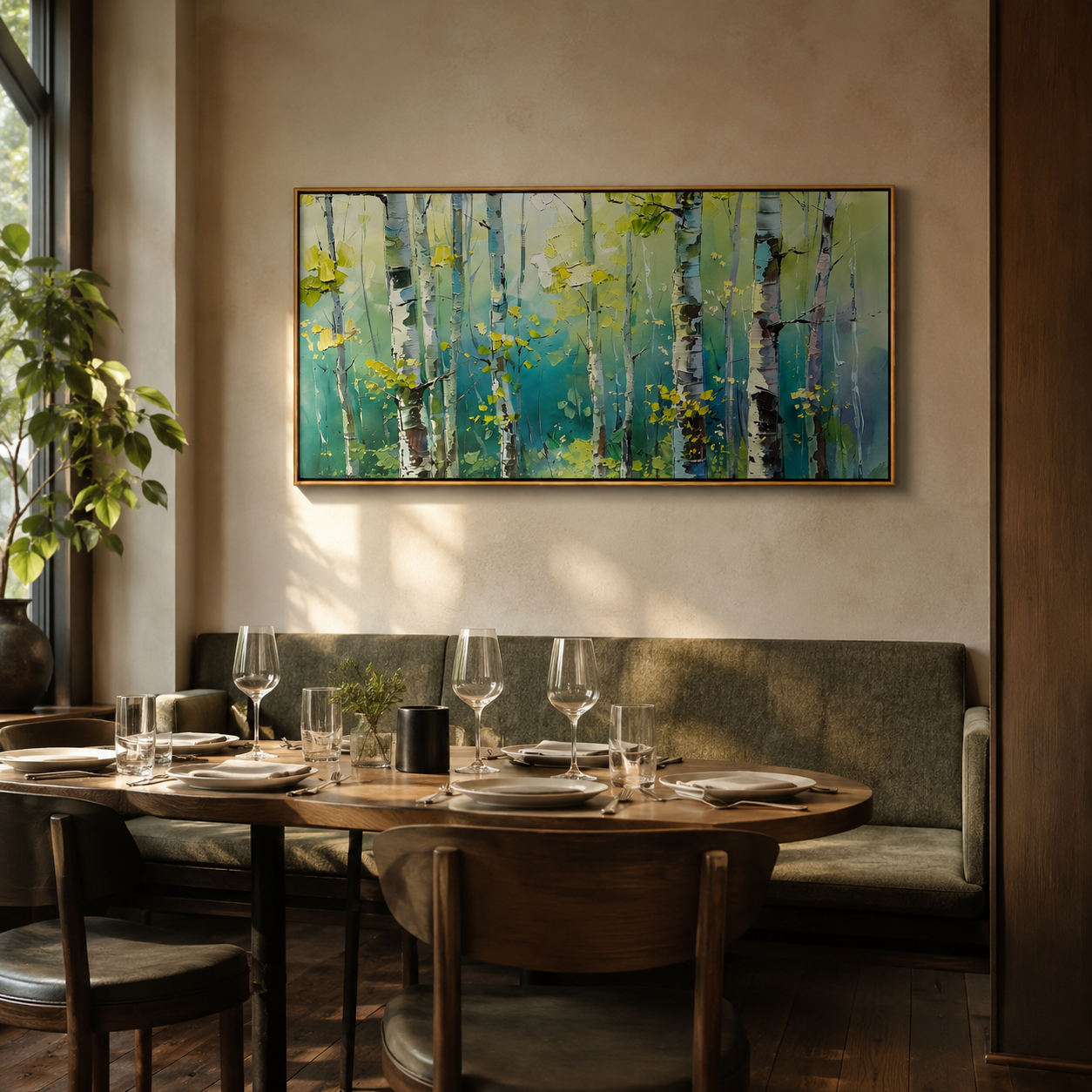 "Birch Light" - Colorful Birch Forest Painting | Green Blue & Yellow Woodland Wall Art