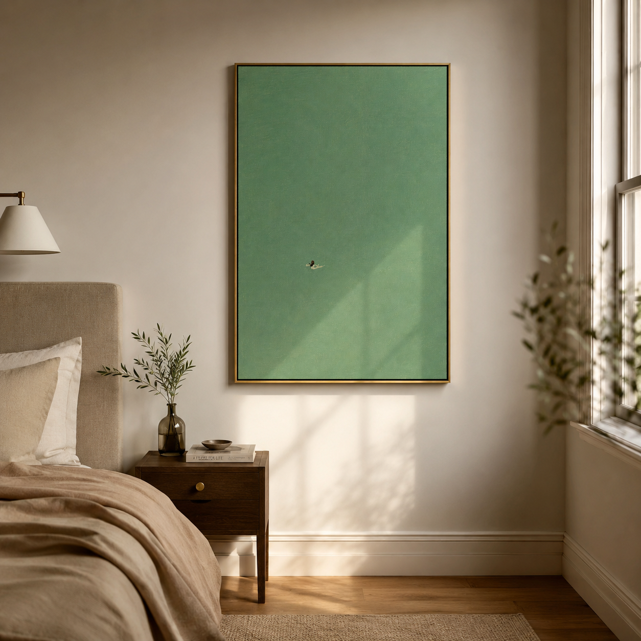 "Small Arrival" - Minimalist Bird Painting | Soft Green Vertical Contemporary Wall Art
