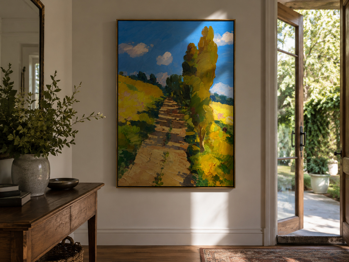 "Sunlit Path" - Yellow Field & Cypress Impasto Landscape | Blue Green Vertical Wall Art