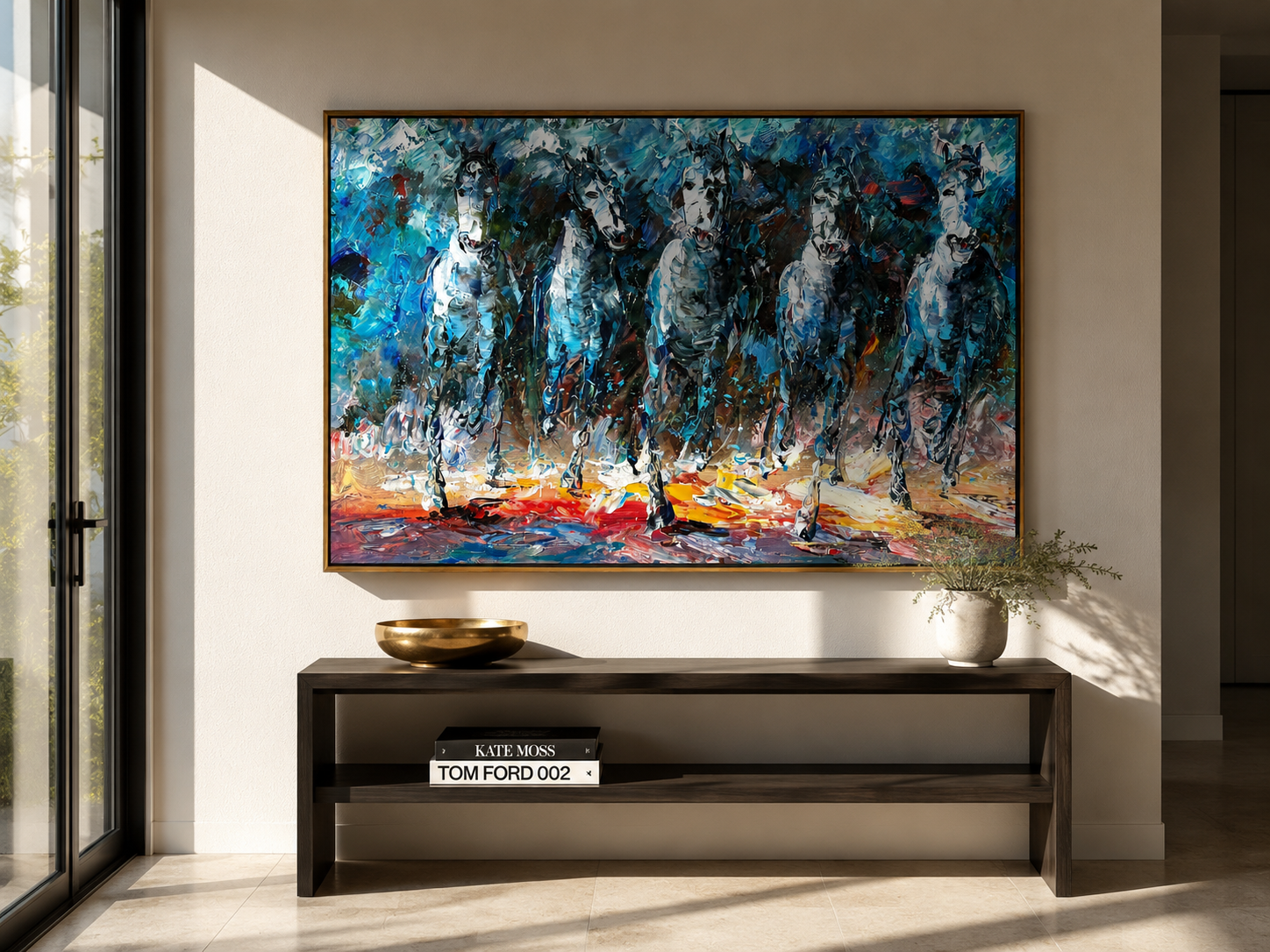 "Blue Procession" - Textured White Horse Herd Painting | Blue Black & Red Horizontal Equestrian Art