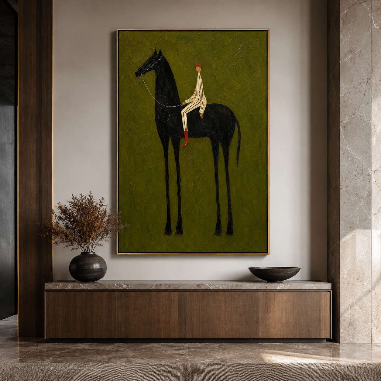 "Black Horse Reverie" - Minimalist Rider & Horse Painting | Olive Green Vertical Animal Wall Art