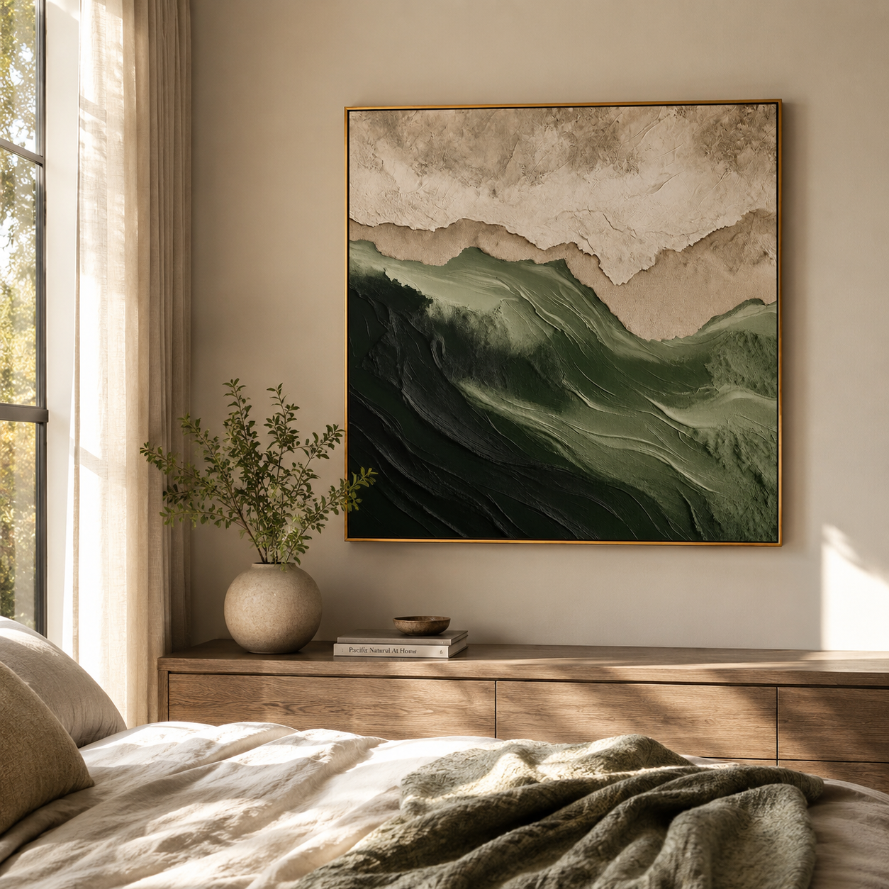 "Forest Ridge" - 3D Wabi-Sabi Mountain Relief | Green Beige & White Square Textured Art