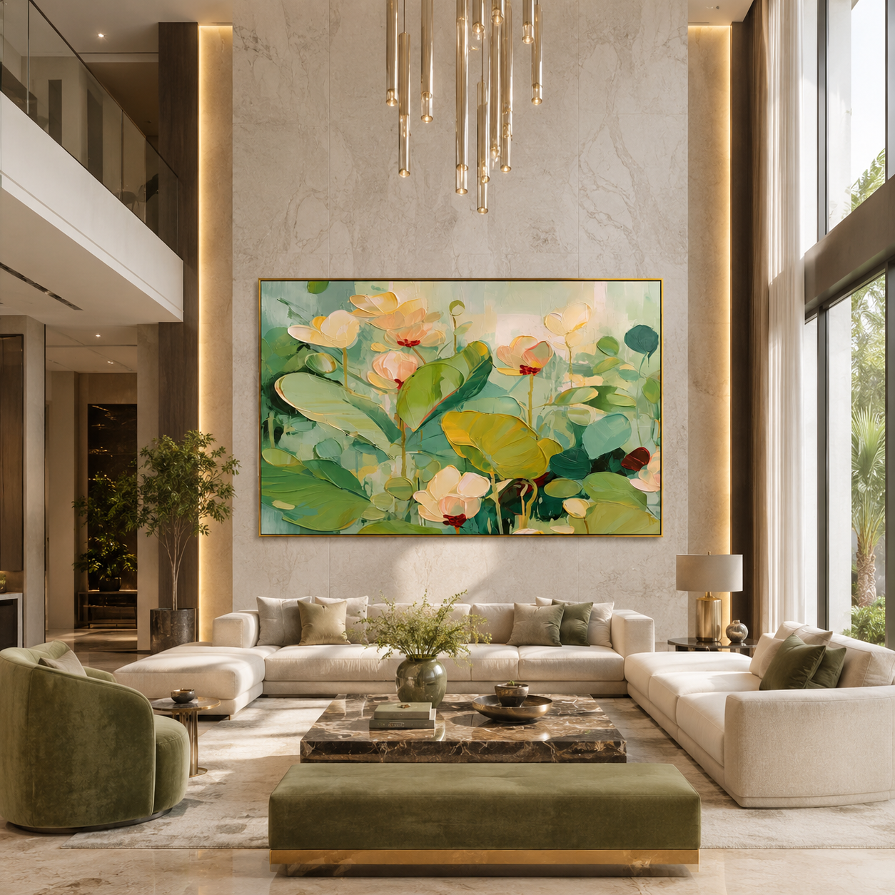 "Lotus Morning" - Soft Floral Water Lily Painting | Green White & Pink Botanical Wall Art