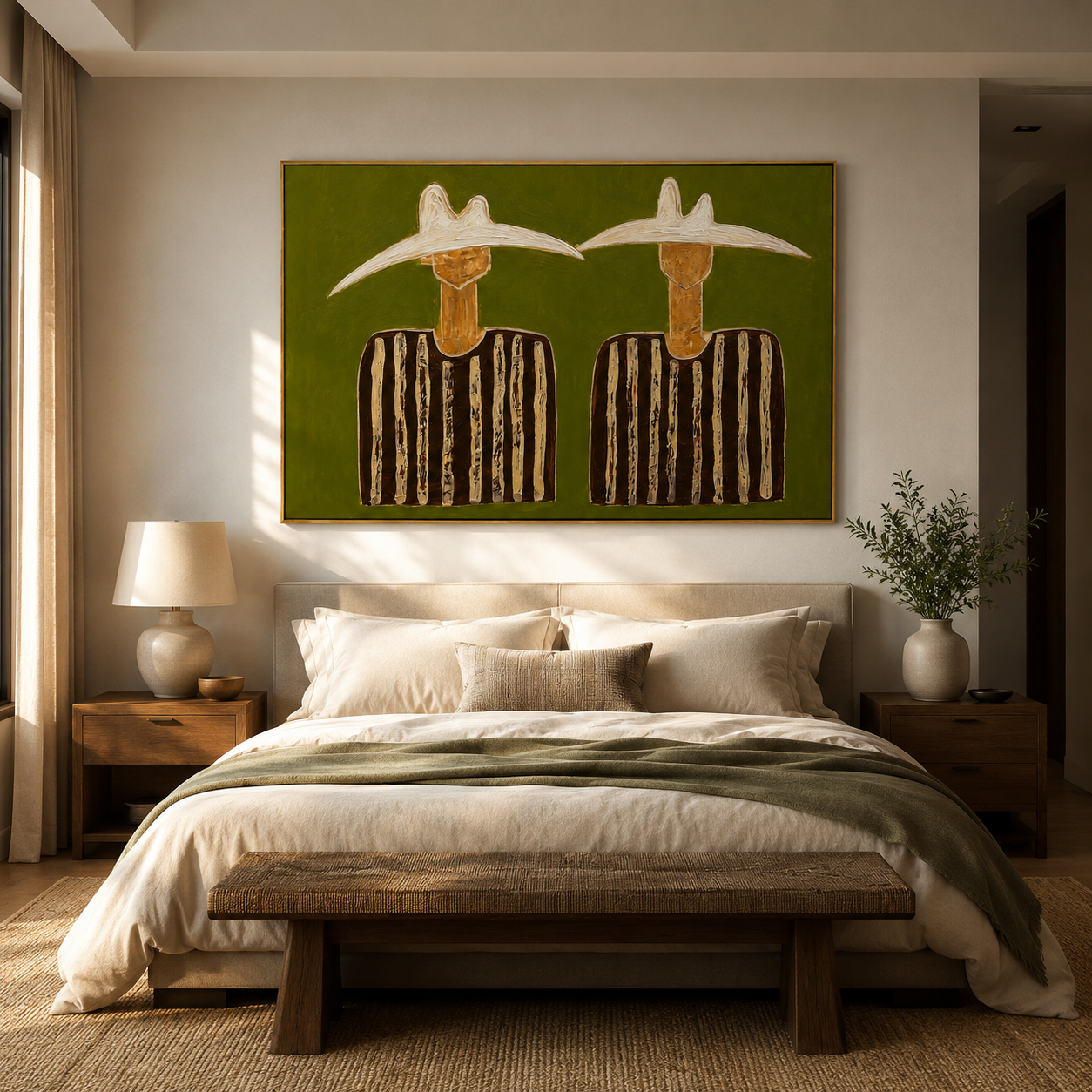 "Twin Quiet Riders" - Minimalist Western Figure Painting | Olive Green Contemporary Wall Art