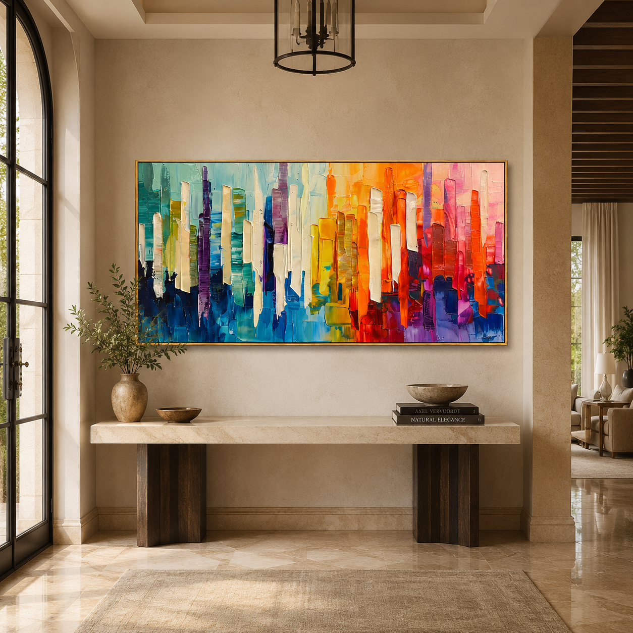 "Chromatic Skyline" - Colorful Abstract Cityscape Painting | Rainbow Vertical Forms Wall Art