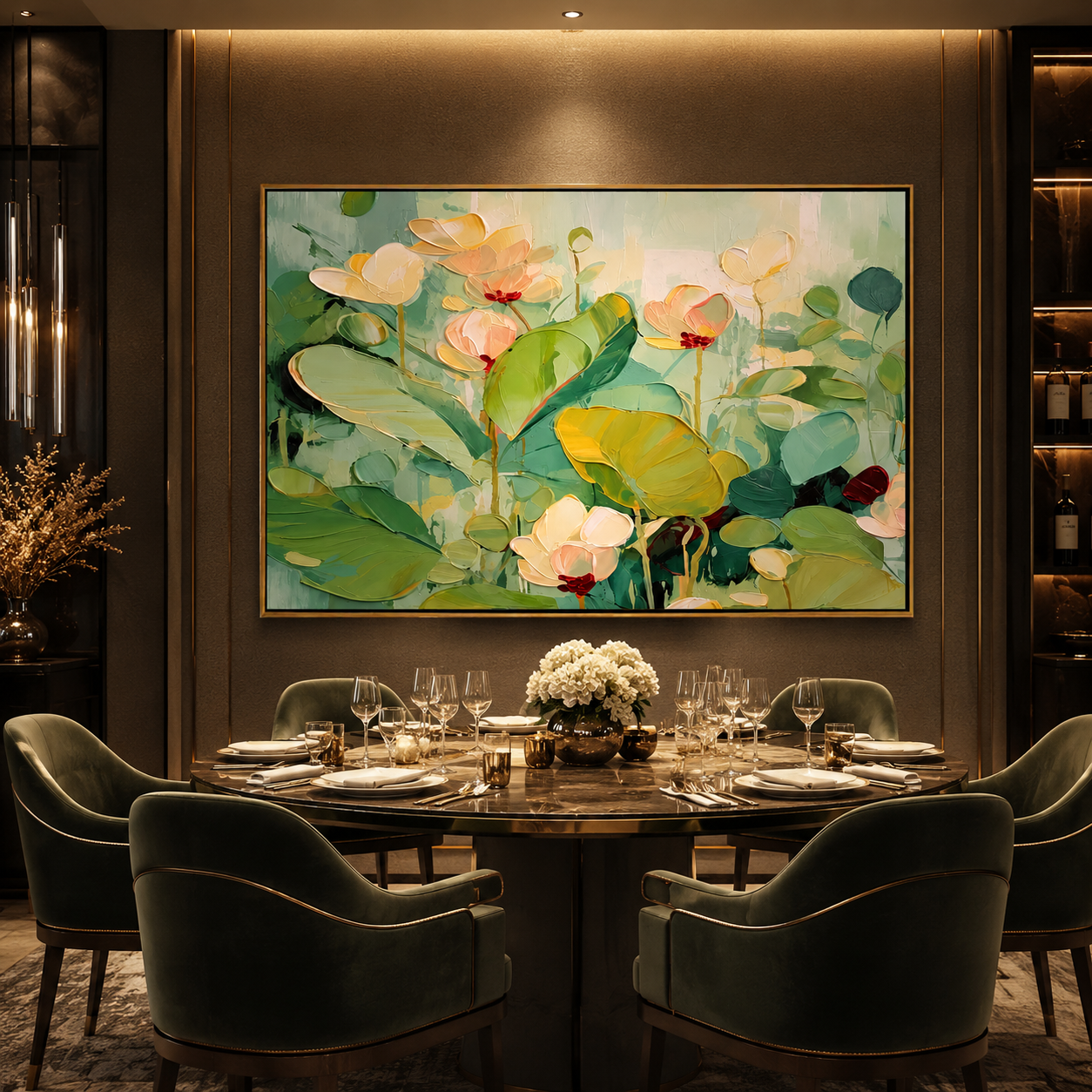 "Lotus Morning" - Soft Floral Water Lily Painting | Green White & Pink Botanical Wall Art