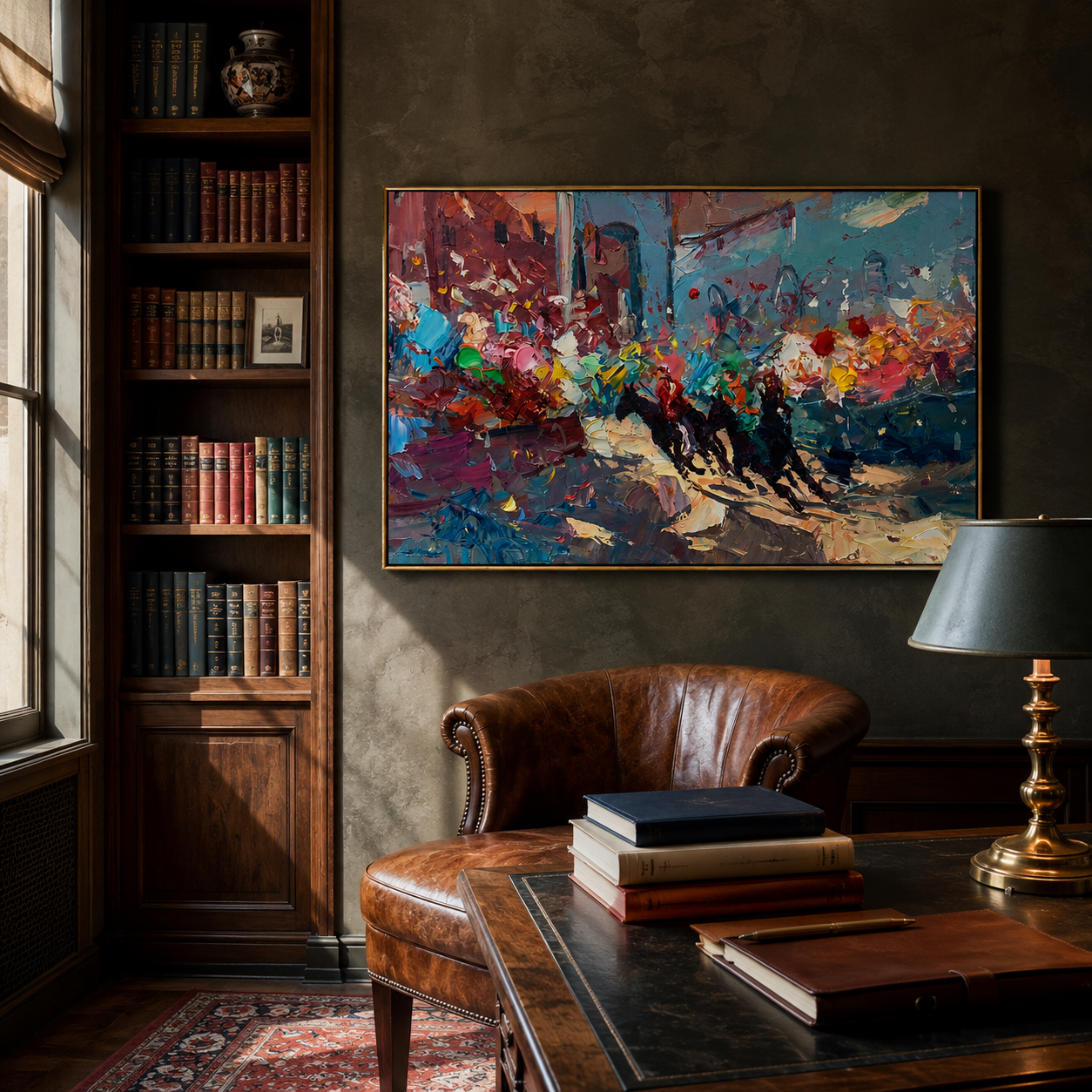 "Harbor Fragments" - Colorful Impasto Abstract Painting | Blue Red & Gold Horizontal Statement Art