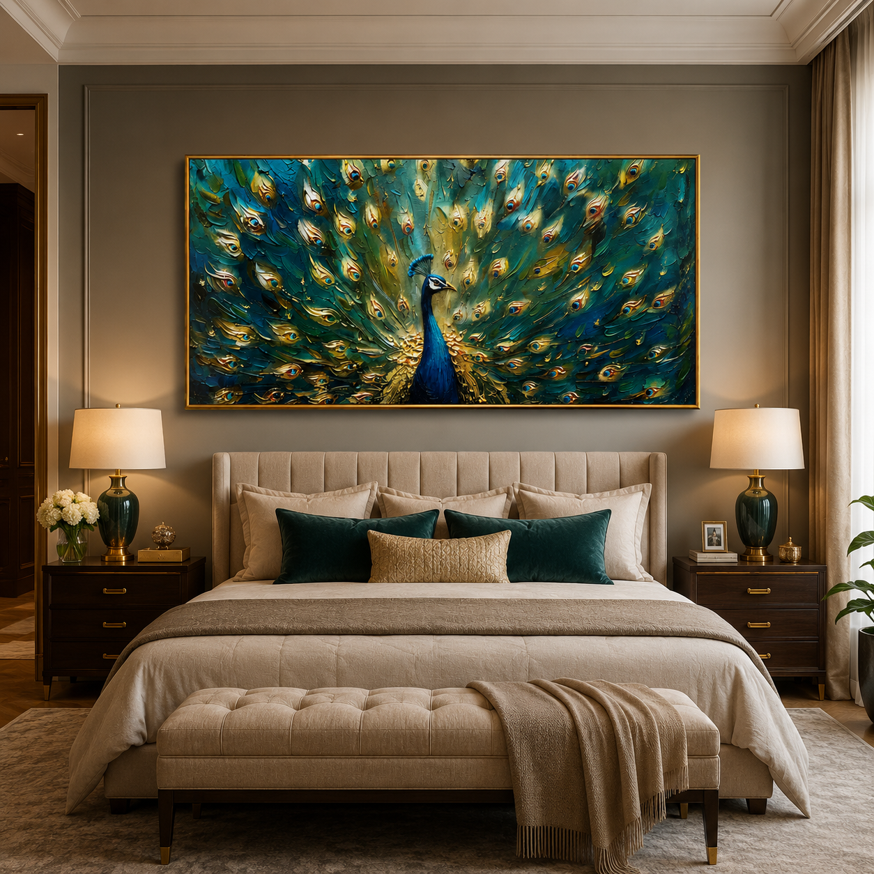 "Emerald Peacock" - Textured Peacock Painting | Green Blue & Gold Animal Wall Art