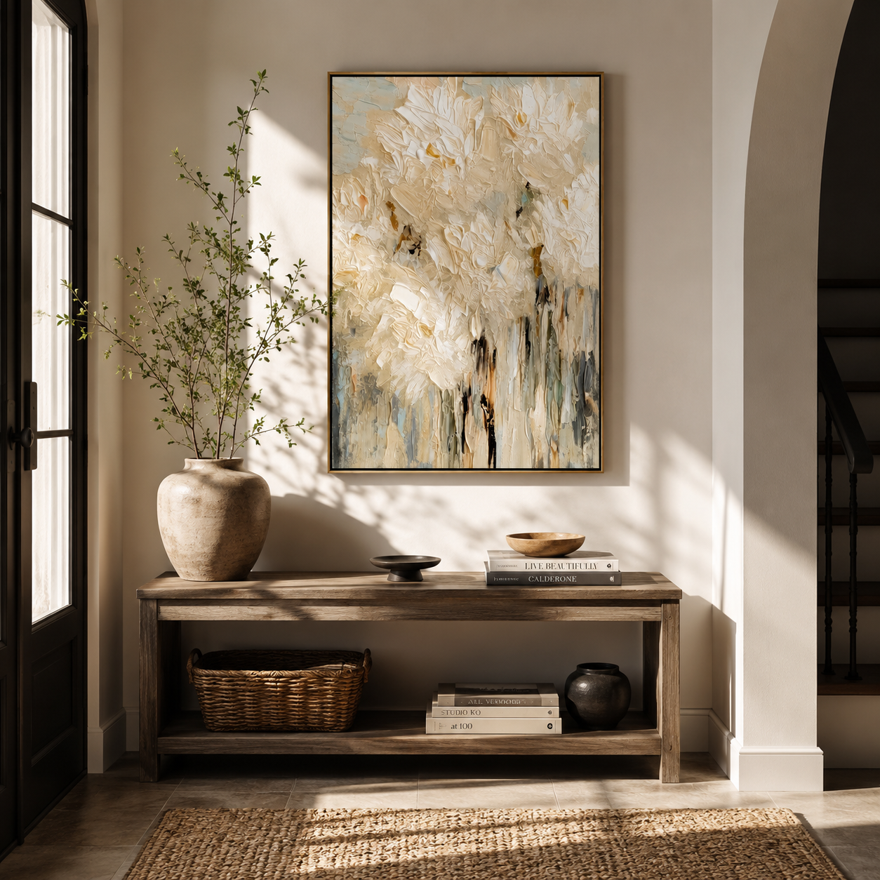 "Ivory Bloomfall" - White Impasto Floral Painting | Beige Textured Vertical Flower Wall Art