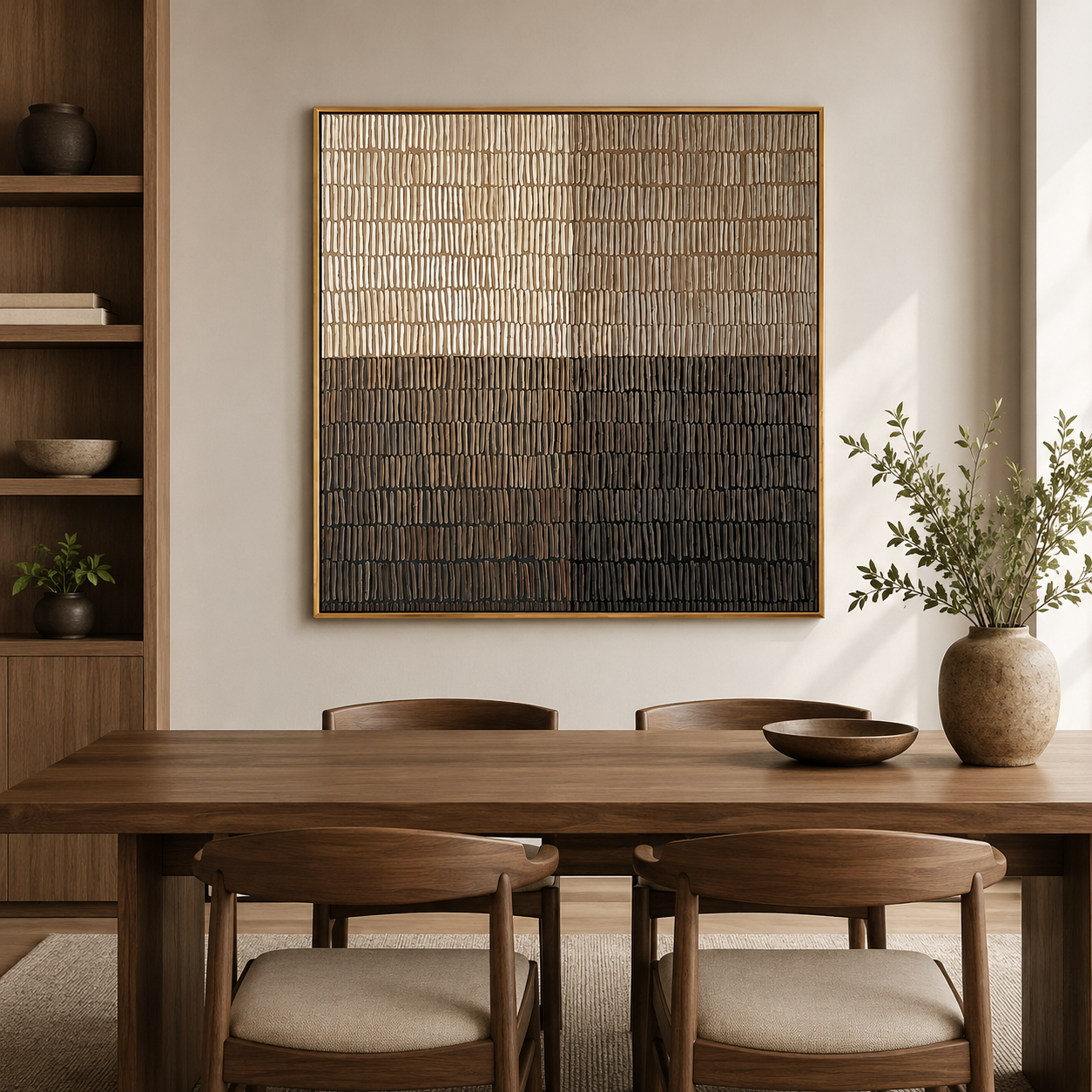 "Measured Silence" - 3D Minimalist Plaster Grid Relief | Beige Grey & Black Square Textured Art