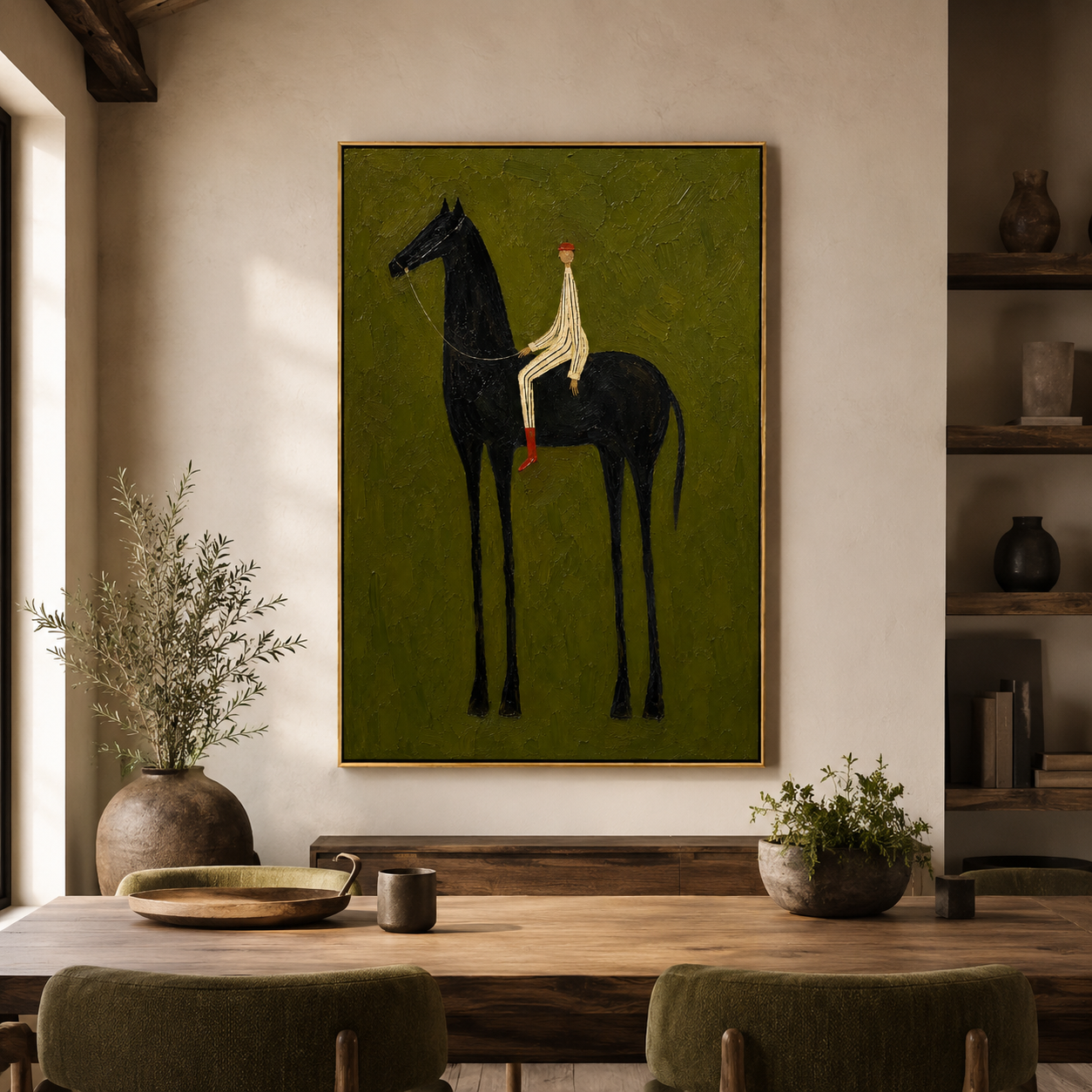 "Black Horse Reverie" - Minimalist Rider & Horse Painting | Olive Green Vertical Animal Wall Art