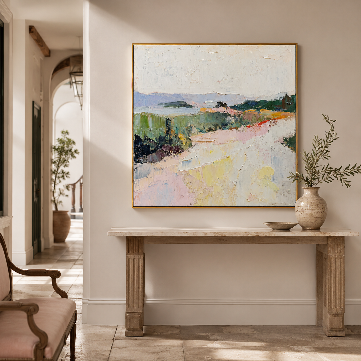 "Pastel Ridge" - Colorful Impasto Mountain Landscape | Green Pink & Yellow Textured Wall Art