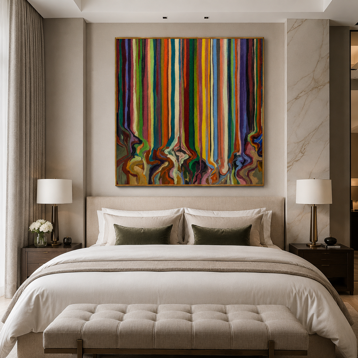 "Drifted Spectrum" - Colorful Vertical Stripe Abstract | Multicolor Square Drip Wall Art