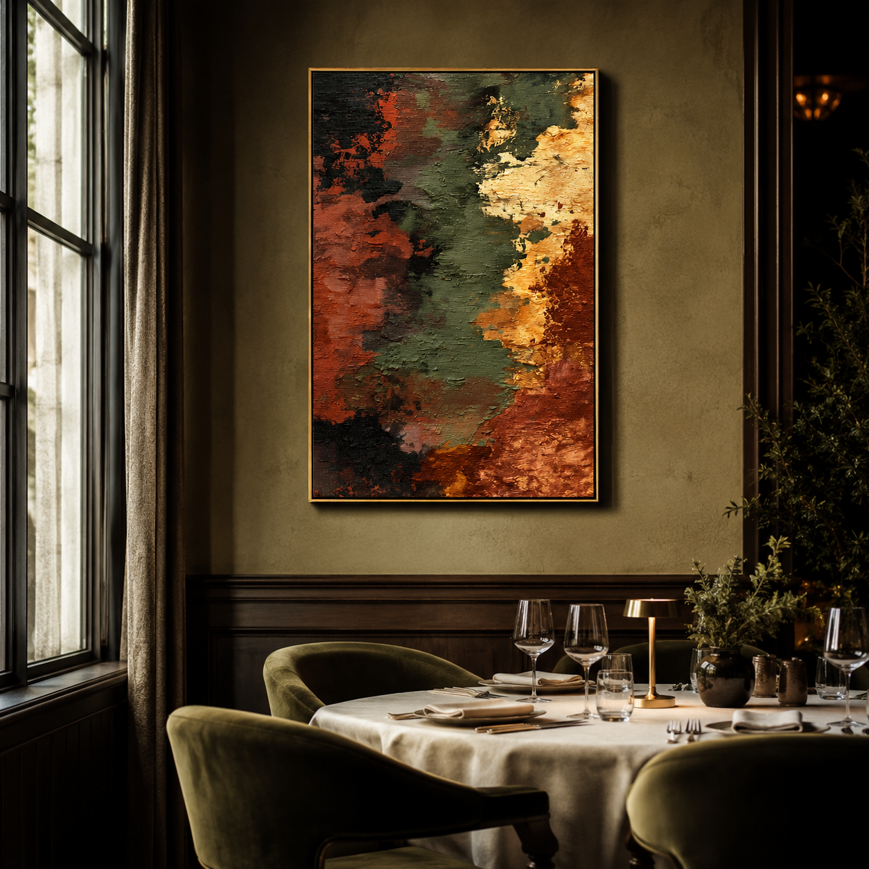 "Ember Fault" - Earth Tone Abstract Texture Painting | Rust Green & Gold Vertical Wall Art