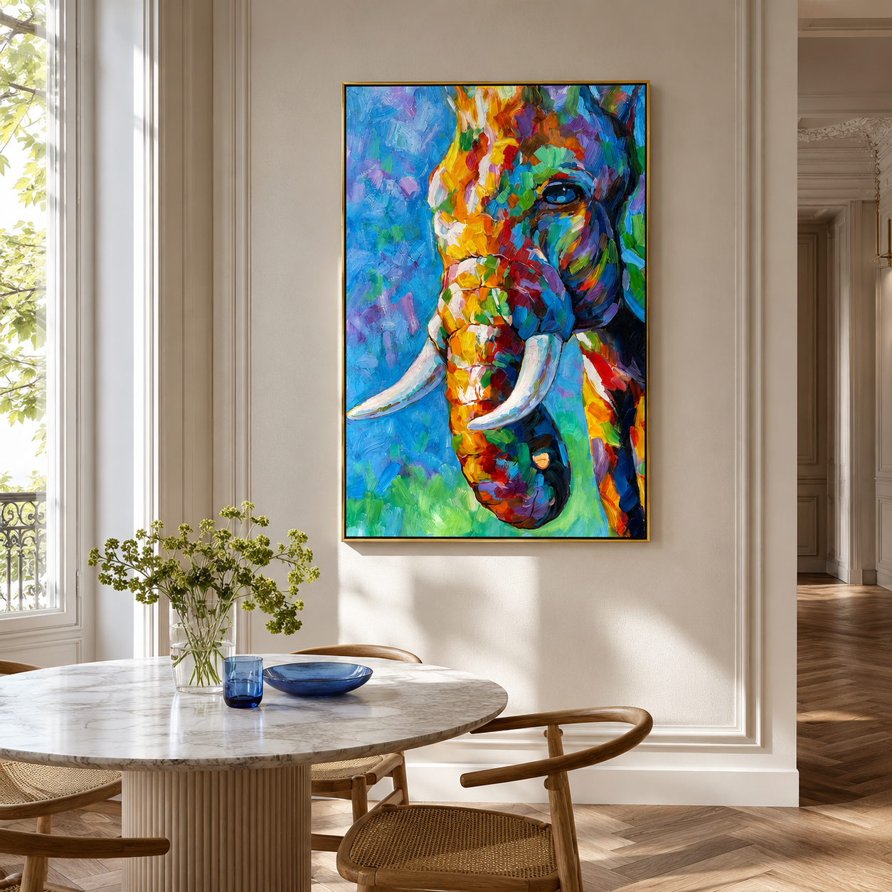 "Colorfield Hound" - Colorful Impasto Dog Portrait | Blue Green & Orange Vertical Animal Wall Art