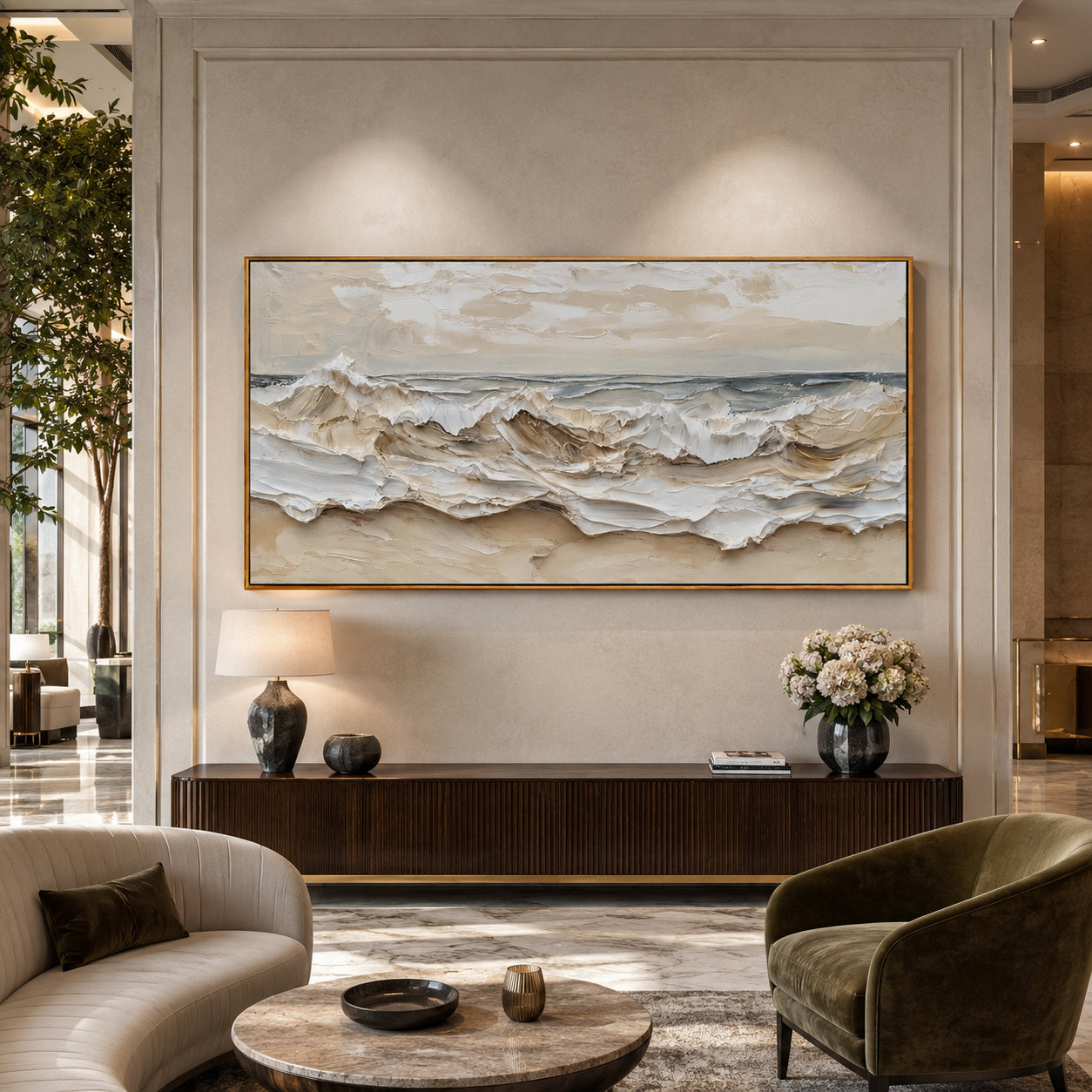 "Tide Relief" - 3D Wabi-Sabi Ocean Wave Plaster Art | Beige White & Blue Textured Seascape