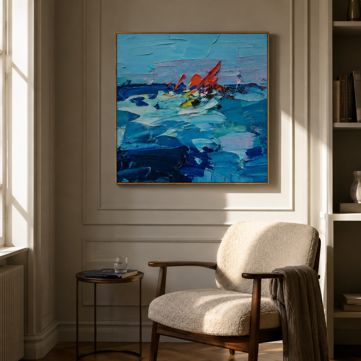"Blue Current" - Colorful Impasto Ocean Painting | Blue Red & Yellow Seascape Wall Art