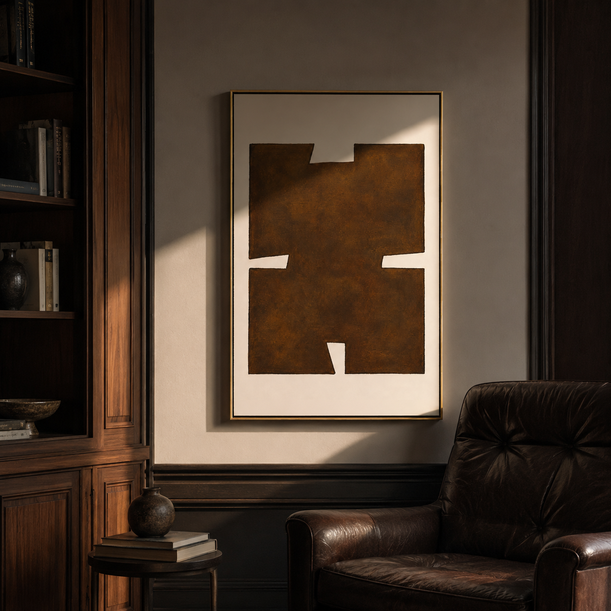 "Earthen Glyph" - Brown Minimalist Geometric Texture Art | Vertical Wabi-Sabi Wall Art