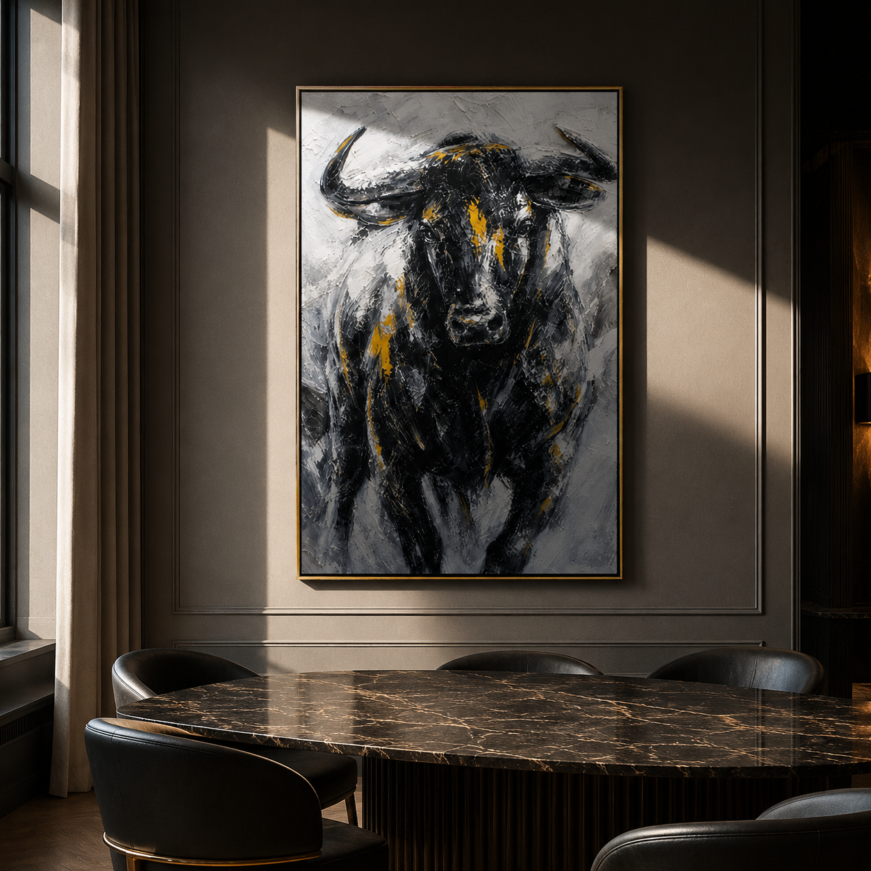 "Iron Buffalo" - Black White & Gold Textured Buffalo Portrait | Vertical Animal Wall Art