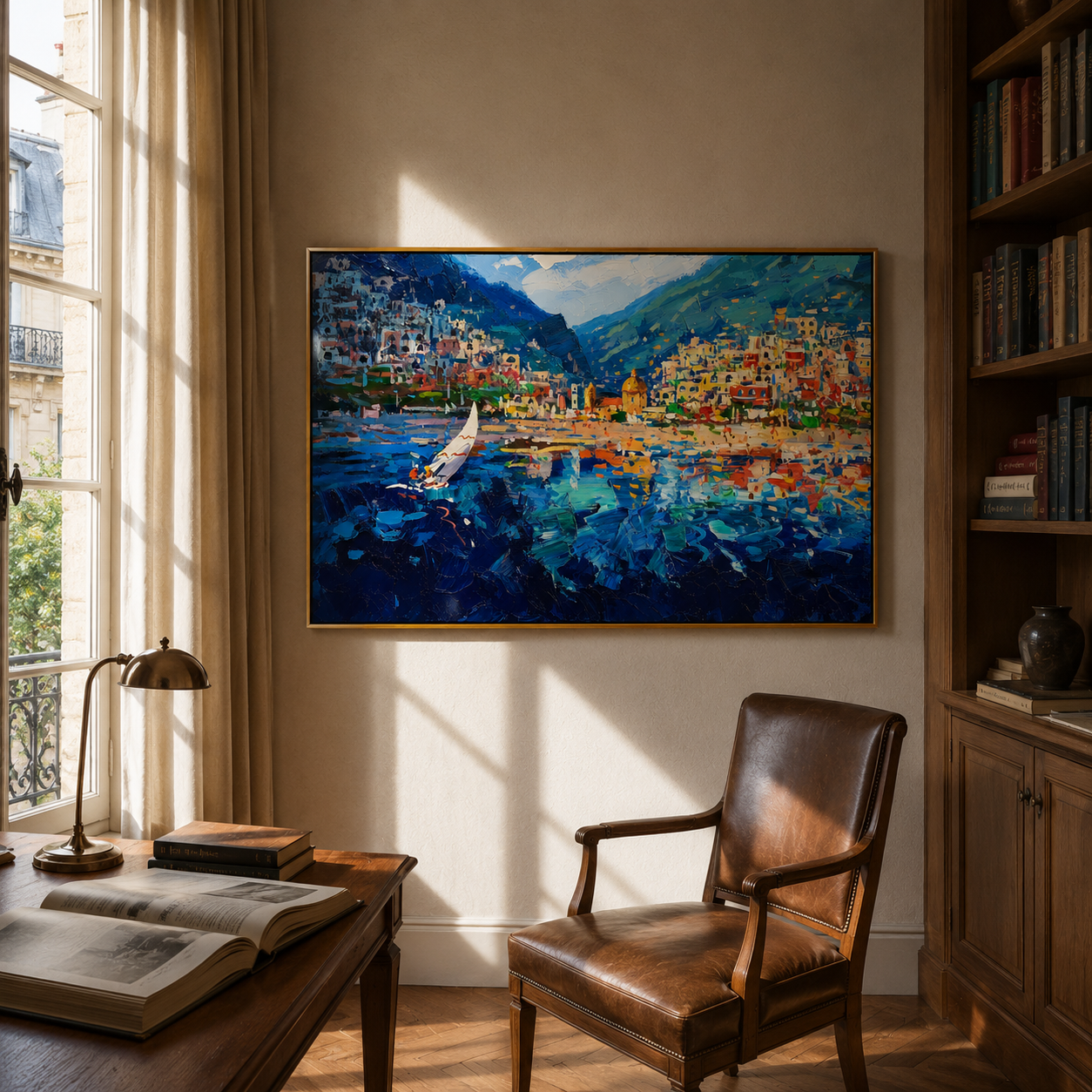 "Harbor Mosaic" - Colorful Impasto Coastal Village Painting | Blue Green & Orange Mediterranean Wall Art