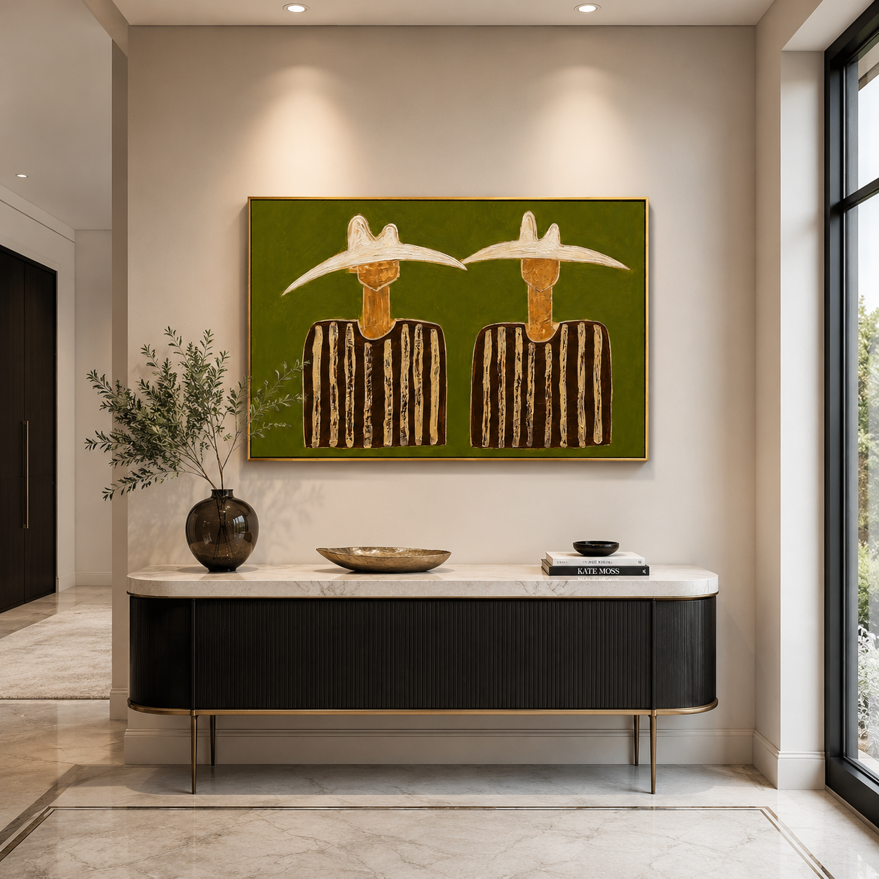 "Twin Quiet Riders" - Minimalist Western Figure Painting | Olive Green Contemporary Wall Art