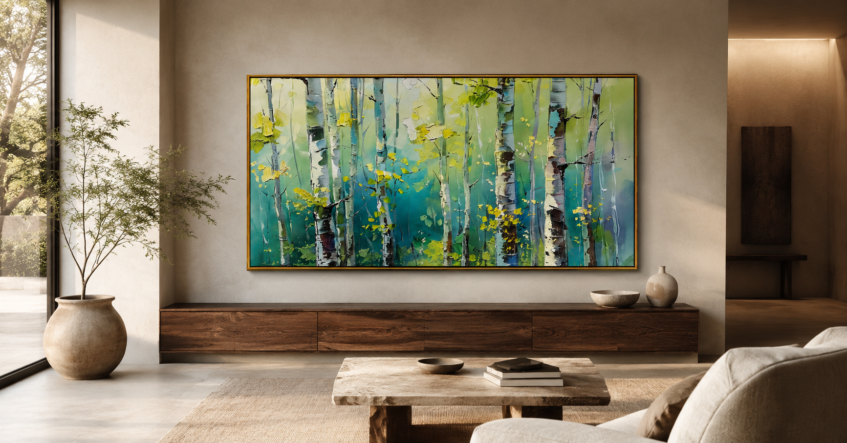 "Birch Light" - Colorful Birch Forest Painting | Green Blue & Yellow Woodland Wall Art
