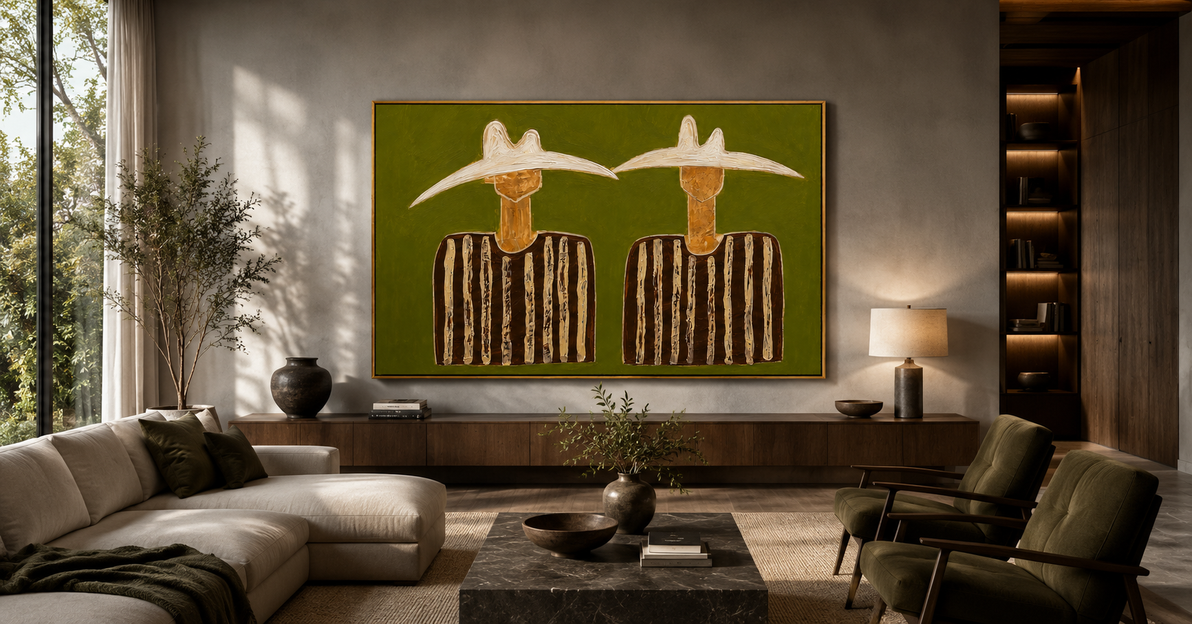 "Twin Quiet Riders" - Minimalist Western Figure Painting | Olive Green Contemporary Wall Art