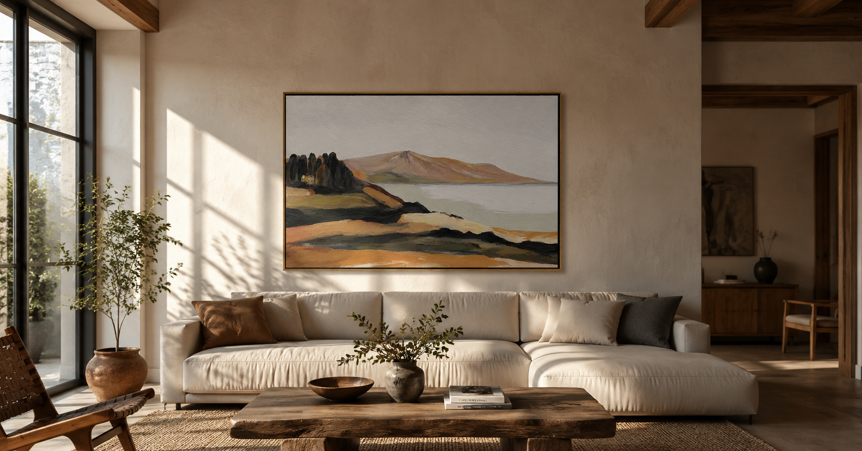 "Quiet Shoreline" - Minimalist Coastal Landscape Painting | Beige Blue & Brown Wall Art