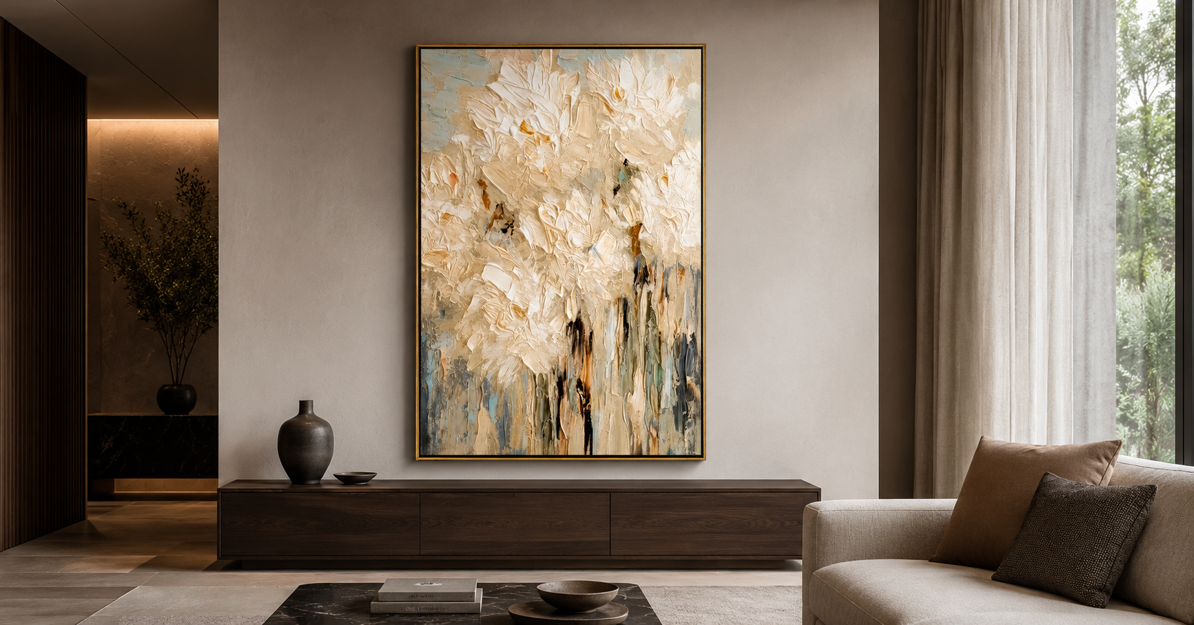 "Ivory Bloomfall" - White Impasto Floral Painting | Beige Textured Vertical Flower Wall Art