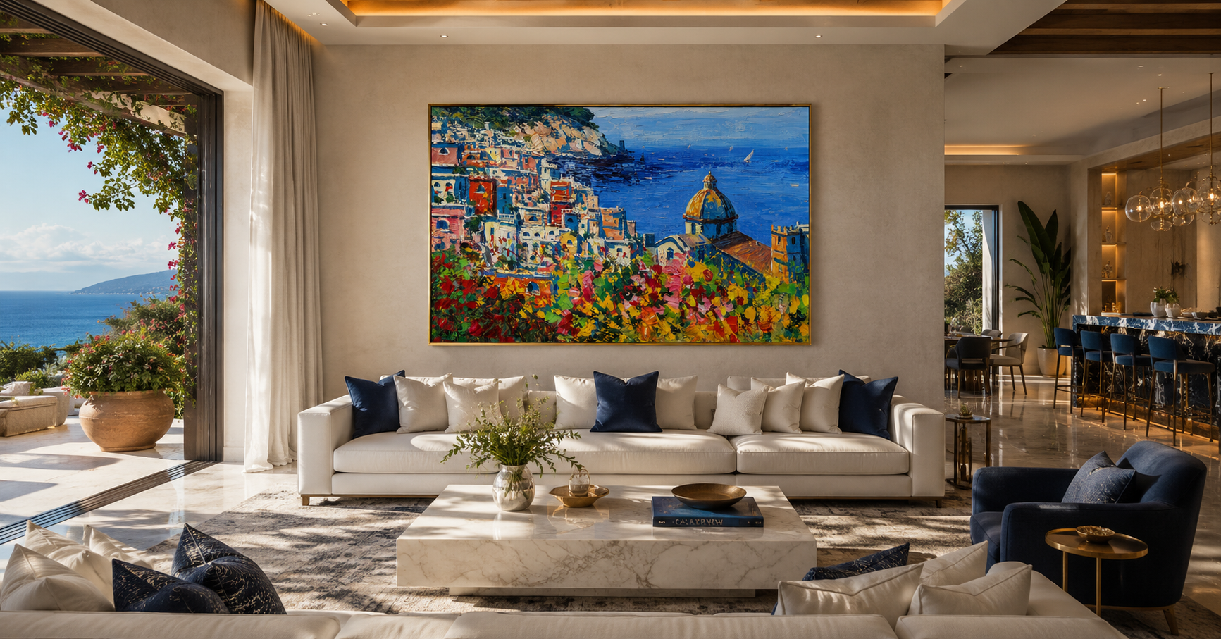 "Amalfi Bloom" - Colorful Mediterranean Coastal Landscape | Blue Sea & Floral Village Wall Art