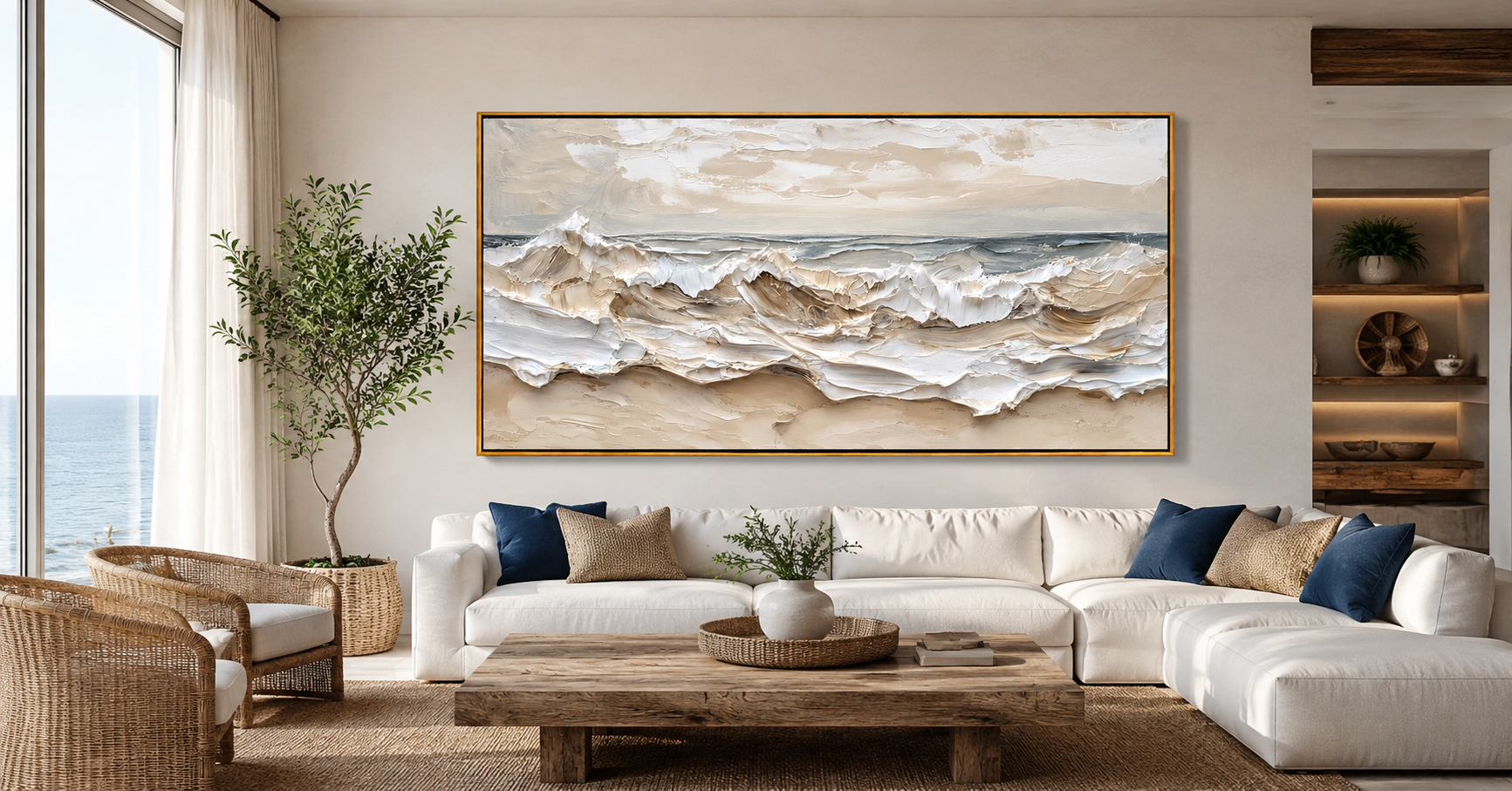 "Tide Relief" - 3D Wabi-Sabi Ocean Wave Plaster Art | Beige White & Blue Textured Seascape