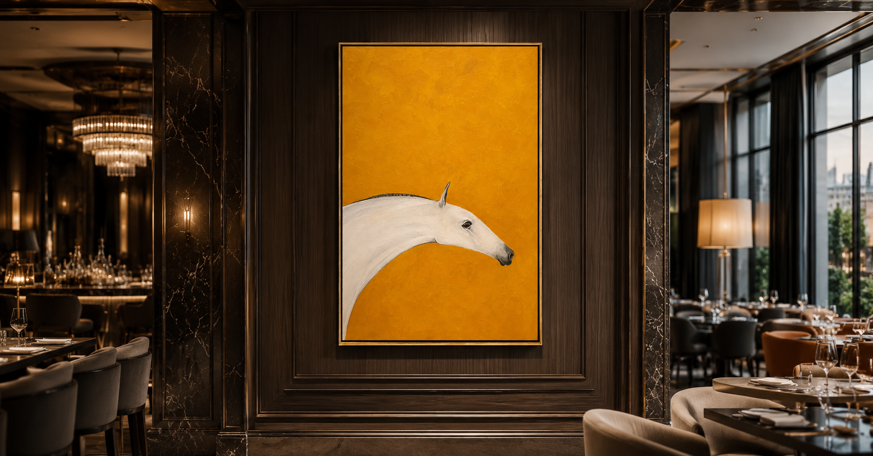 "Ochre Mare" - Minimalist White Horse Painting | Golden Yellow Vertical Animal Wall Art