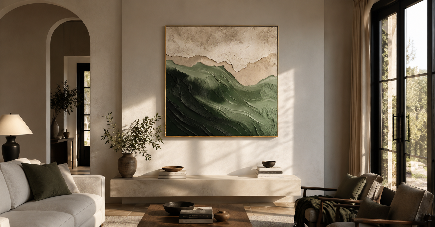 "Forest Ridge" - 3D Wabi-Sabi Mountain Relief | Green Beige & White Square Textured Art