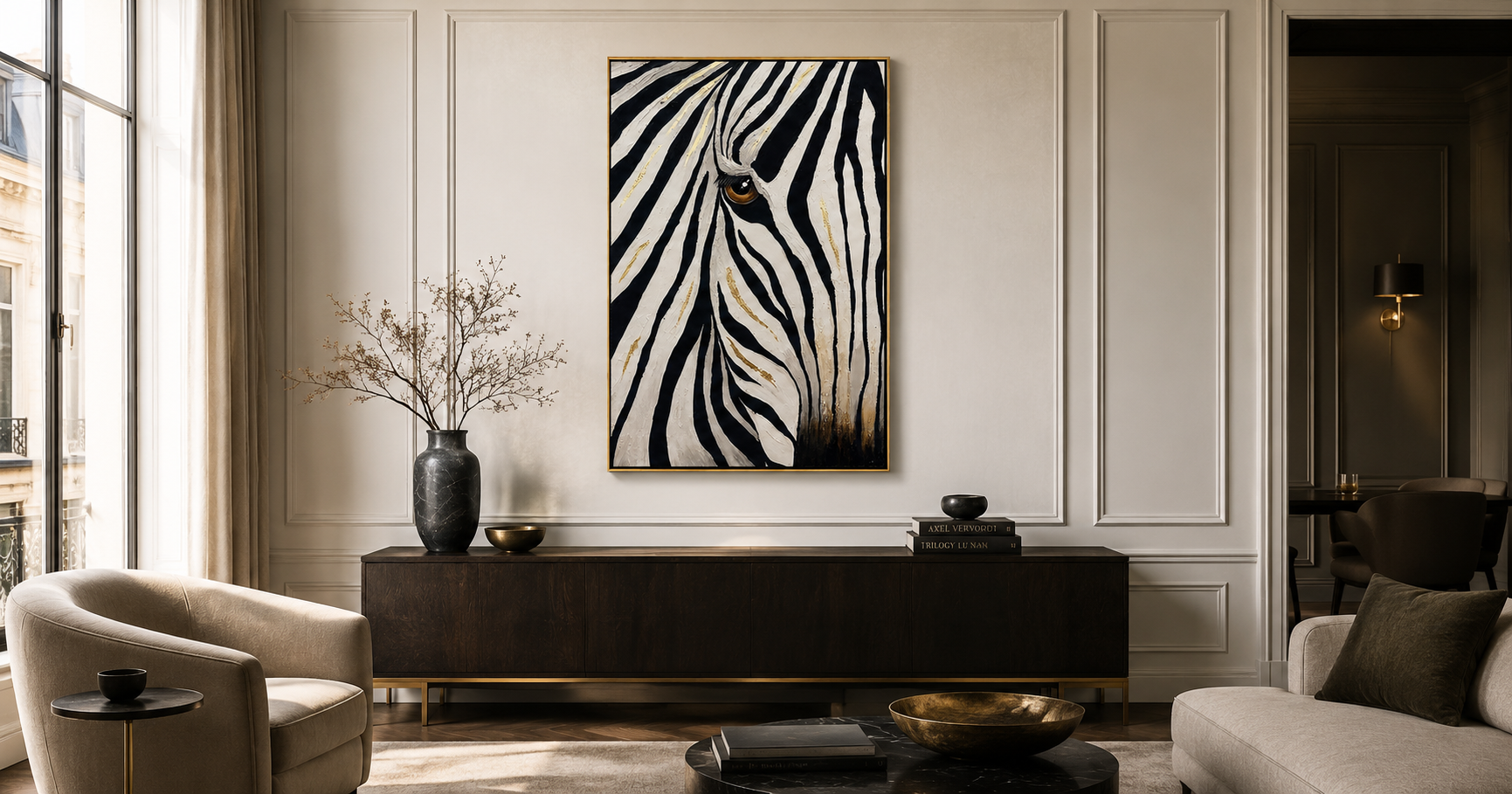 "Golden Gaze" - Textured Zebra Portrait Painting | Black White & Gold Vertical Animal Wall Art
