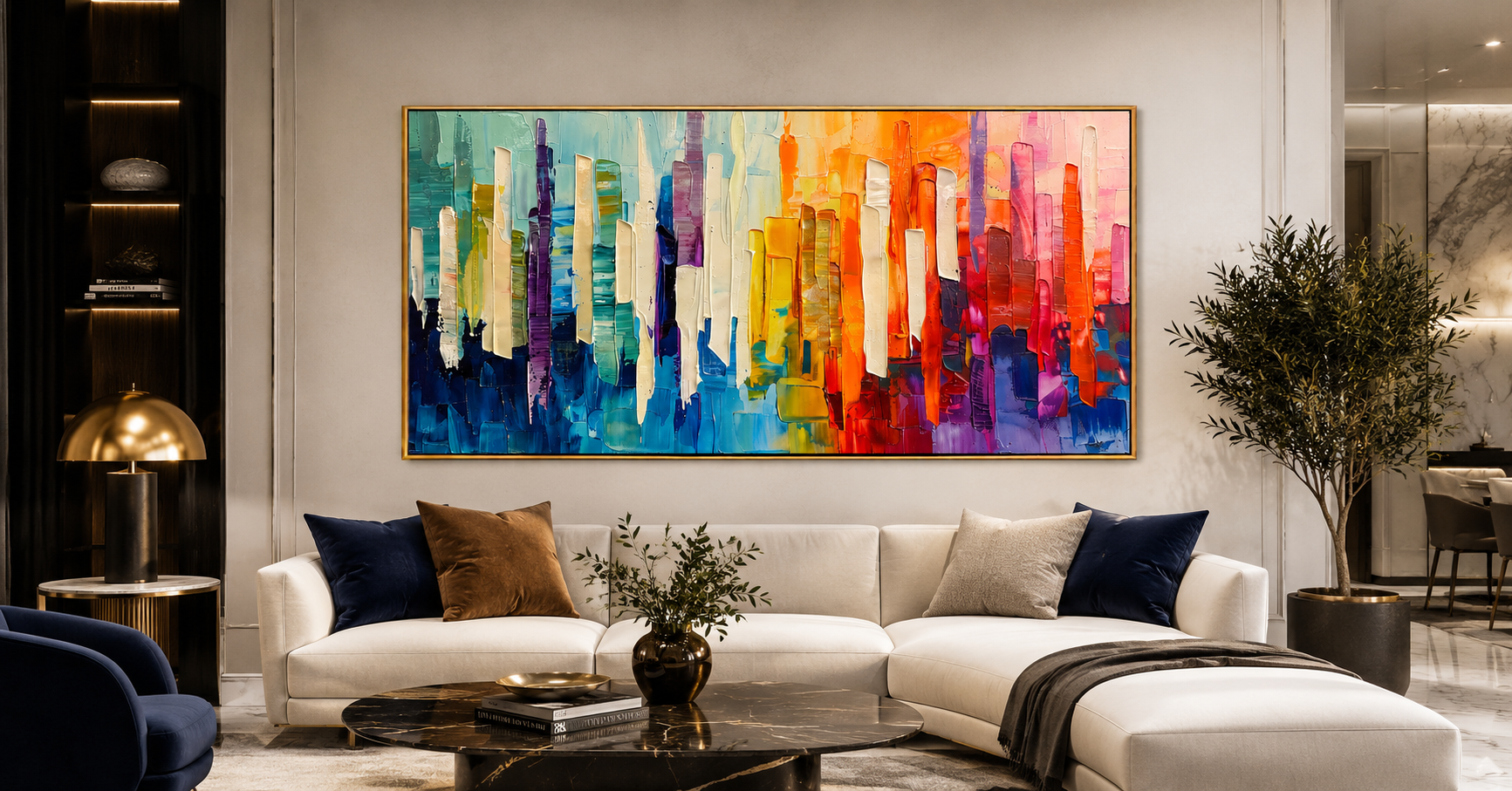 "Chromatic Skyline" - Colorful Abstract Cityscape Painting | Rainbow Vertical Forms Wall Art