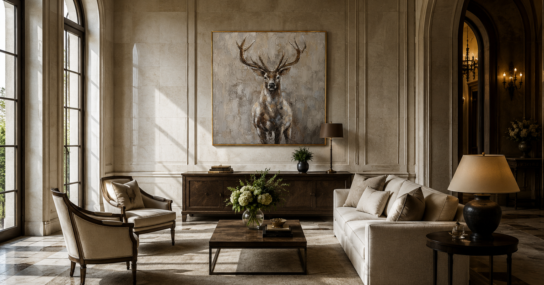 "Quiet Stag" - Textured Deer Portrait Painting | Beige Brown & Grey Vertical Animal Wall Art