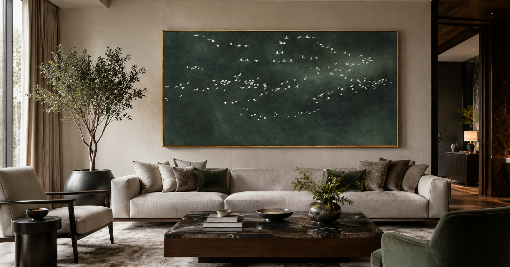 "Distant Flock" - Minimalist Bird Landscape Painting | Dark Green Horizontal Wall Art