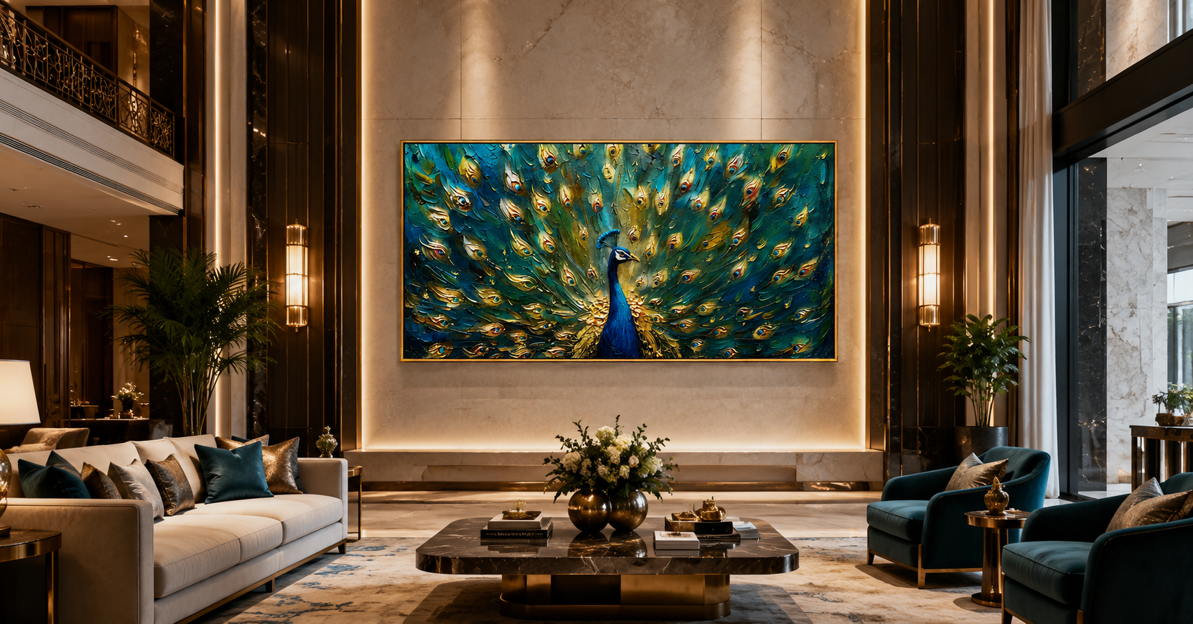 "Emerald Peacock" - Textured Peacock Painting | Green Blue & Gold Animal Wall Art