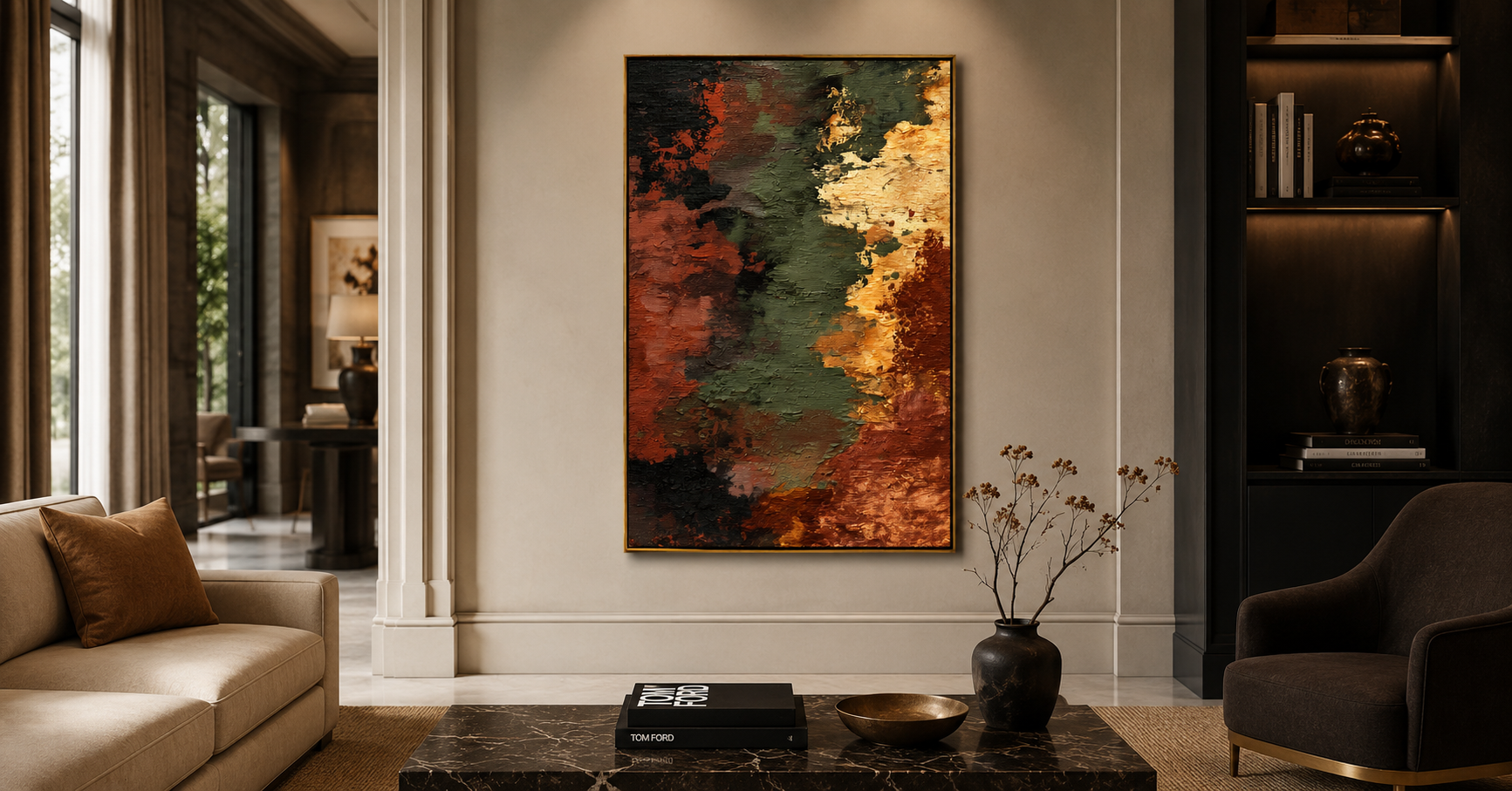 "Ember Fault" - Earth Tone Abstract Texture Painting | Rust Green & Gold Vertical Wall Art