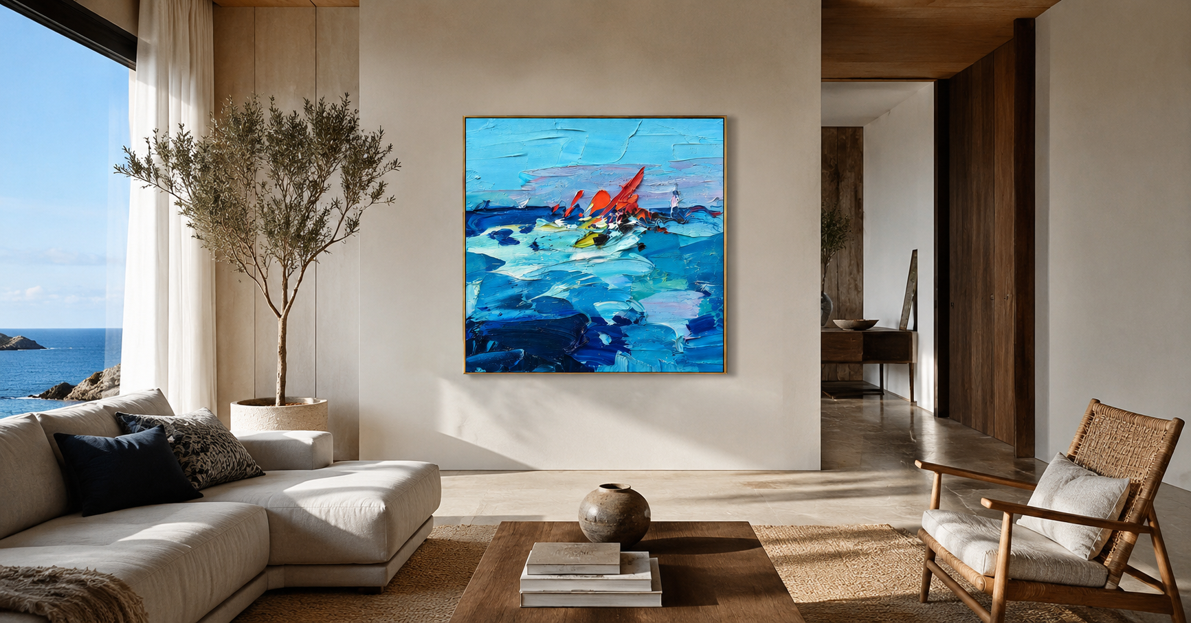"Blue Current" - Colorful Impasto Ocean Painting | Blue Red & Yellow Seascape Wall Art